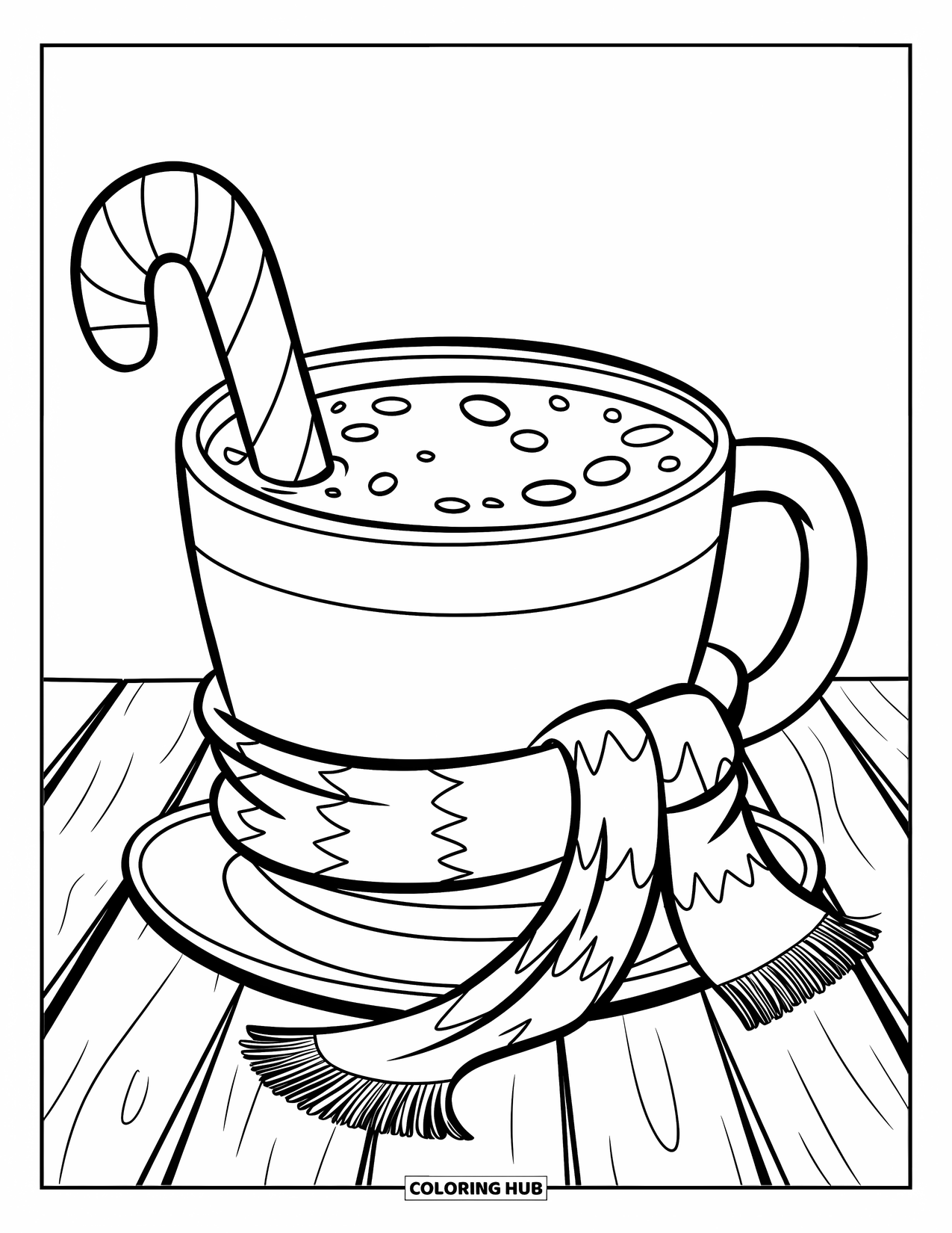 Hot Cocoa Coloring Page for Kids: A big cocoa mug with a candy cane and scarf rests on a wooden table