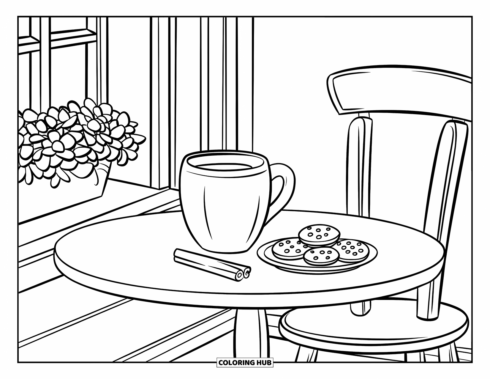 Hot Cocoa Coloring Page for Kids: A big mug of cocoa and cookies sit on a round table near a window