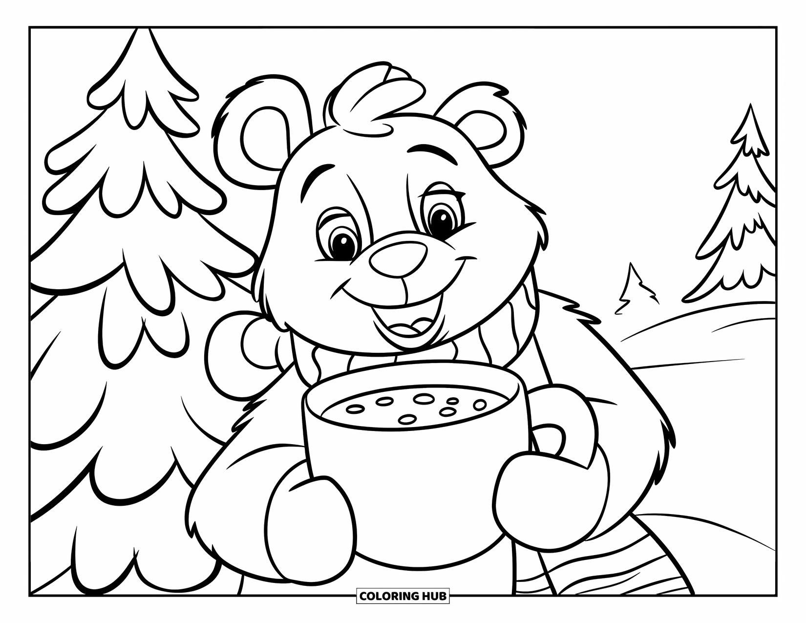 Hot Cocoa Coloring Page for Kids: A cheerful bear with cocoa sits by a snowy tree wearing a warm scarf