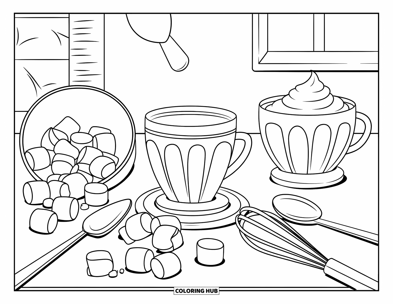 Hot Cocoa Coloring Page for Kids: A cocoa mug and baking tools sit on a counter near a bright window
