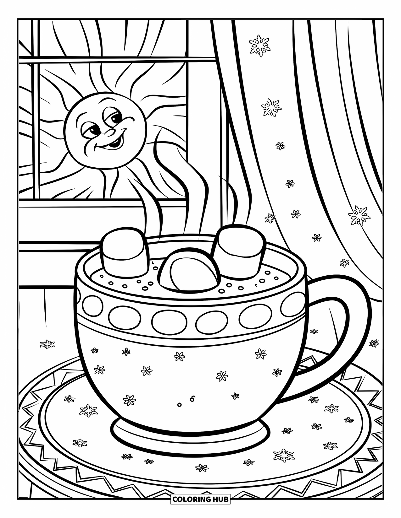 Hot Cocoa Coloring Page for Kids: A cocoa mug with marshmallows and snowflakes sits in a cheerful, cozy room