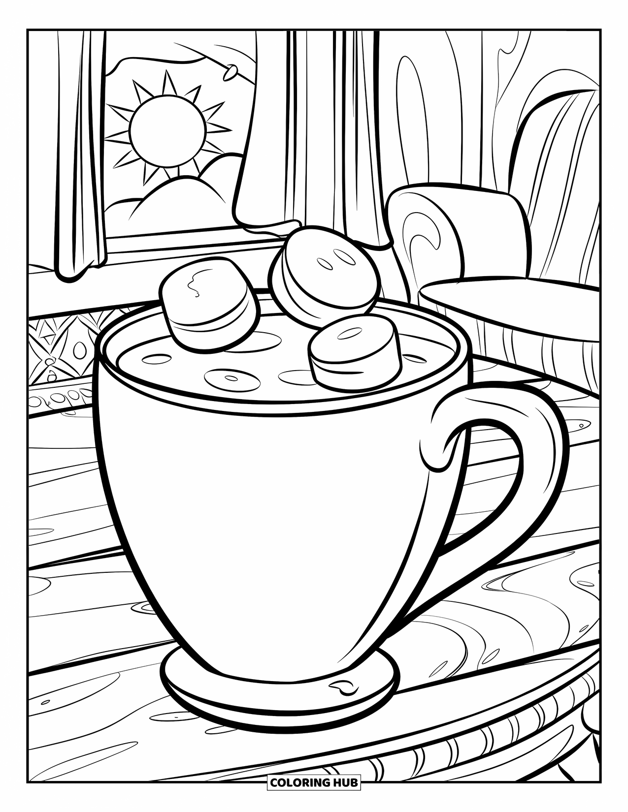 Hot Cocoa Coloring Page for Kids: A cocoa mug with marshmallows sits under a smiling sun by the window