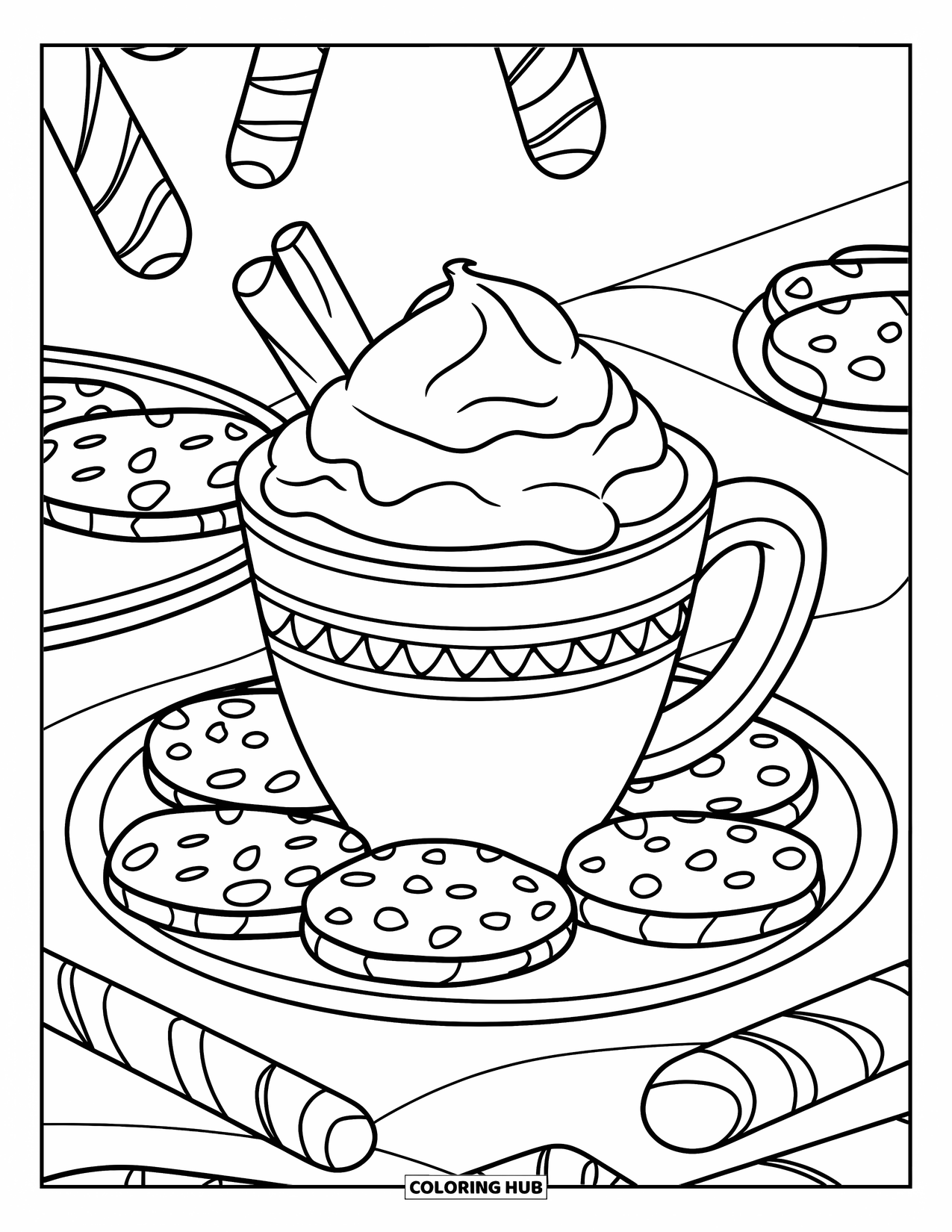 Hot Cocoa Coloring Page for Kids: A cocoa mug with whipped cream sits beside cookies and candy canes