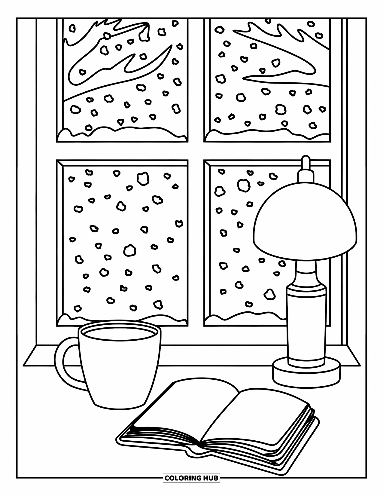 Hot Cocoa Coloring Page for Kids: A cozy lamp lights up cocoa and a book beside a snowy window