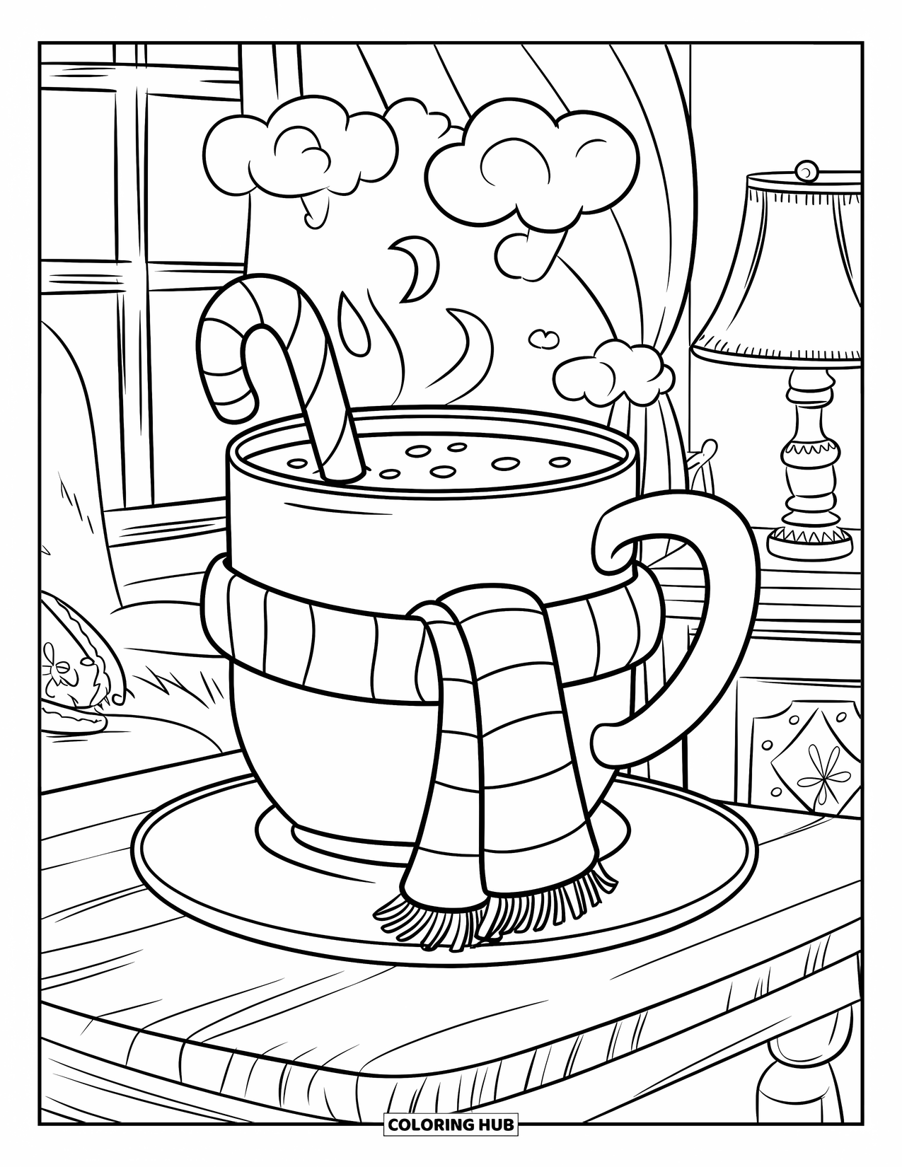 Hot Cocoa Coloring Page for Kids: A giant cocoa mug with a candy cane and scarf sits in a cozy room