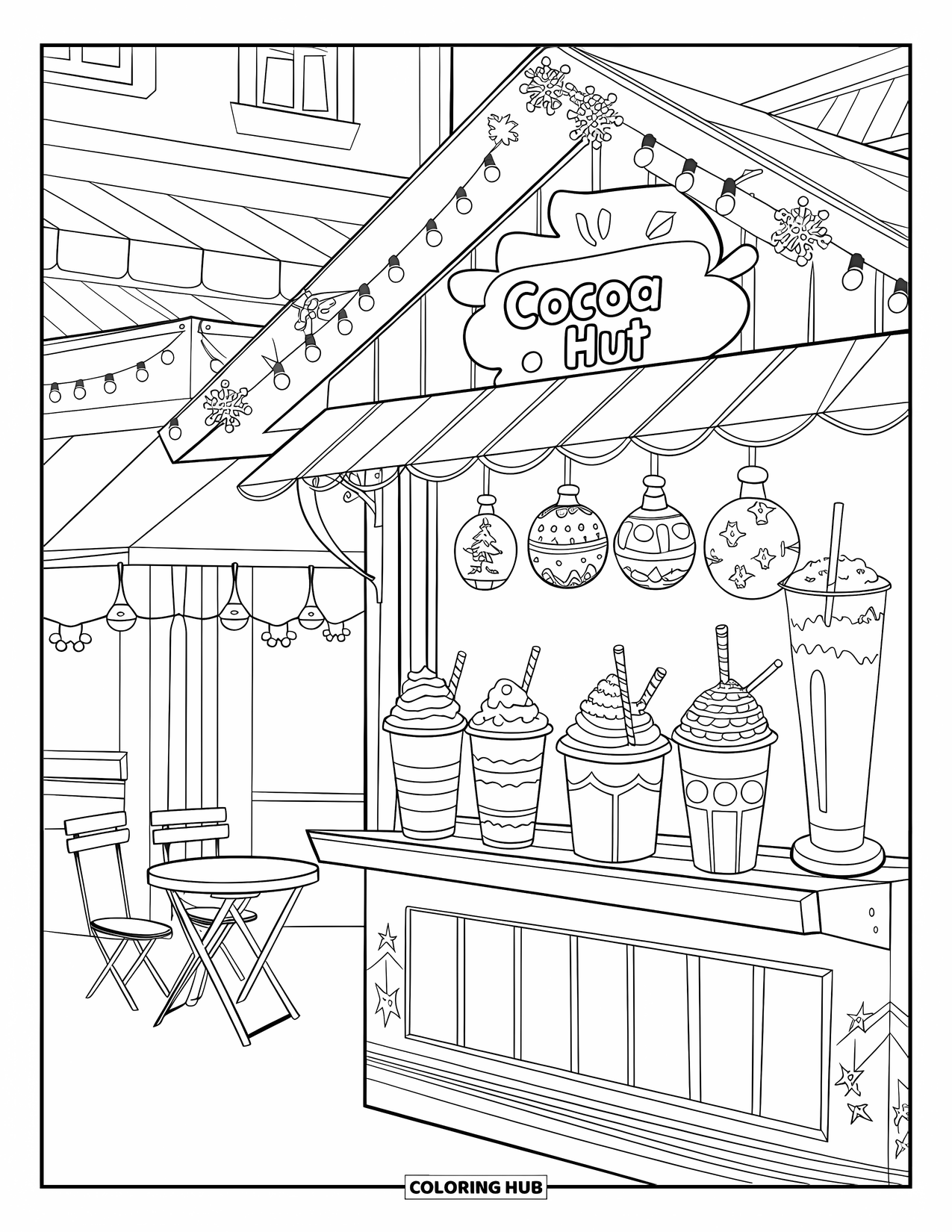 Hot Cocoa Coloring Page for Kids: A market stall offers festive cocoa with whipped cream and hanging lights