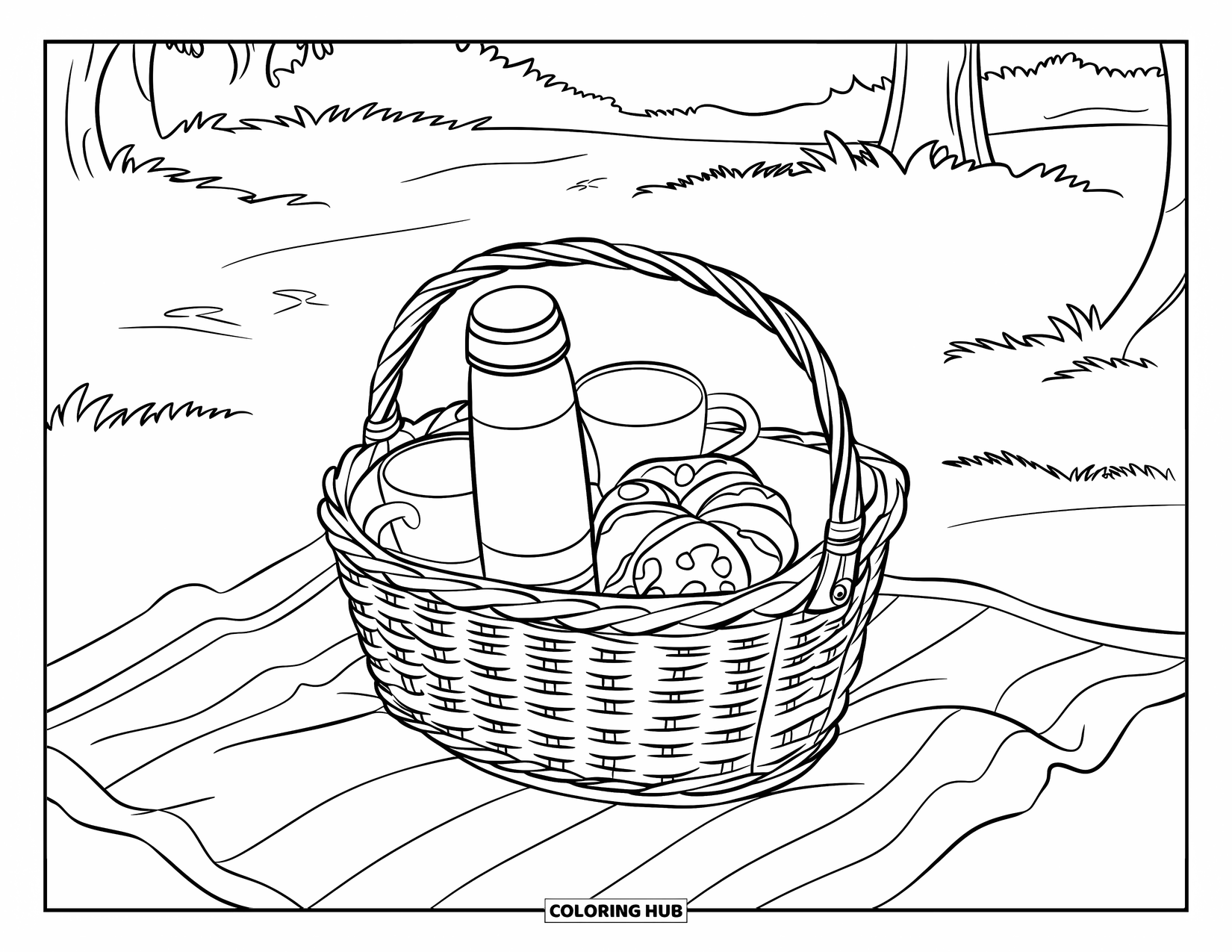 Hot Cocoa Coloring Page for Kids: A picnic basket holds cocoa, mugs, and a pastry under the trees