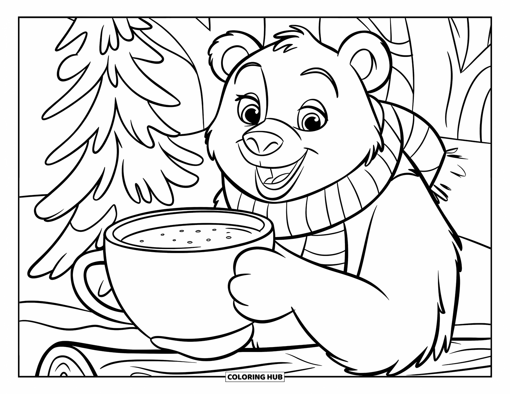 Hot Cocoa Coloring Page for Kids: A smiling bear holds cocoa while sitting on a log in the snowy woods