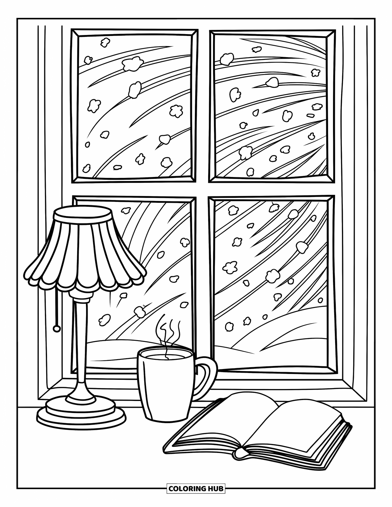 Hot Cocoa Coloring Page for Kids: A snowstorm swirls outside while cocoa and a book rest indoors