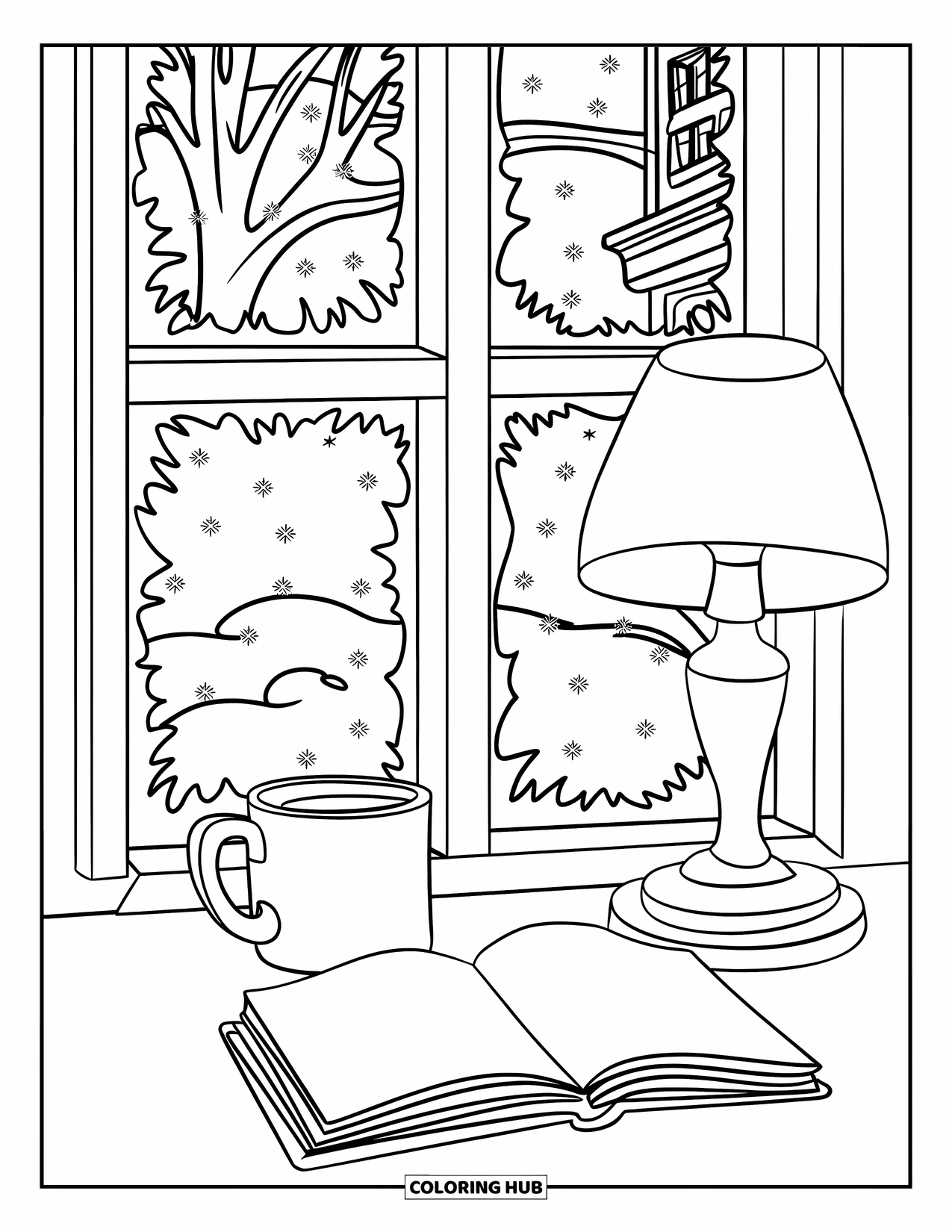 Hot Cocoa Coloring Page for Kids: A snowy window view with cocoa, an open book, and a warm lamp