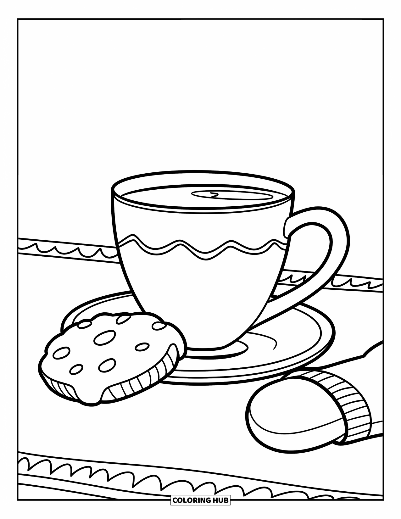 Hot Cocoa Coloring Page for Kids: A warm cocoa cup with a cookie and mitten rests on a table