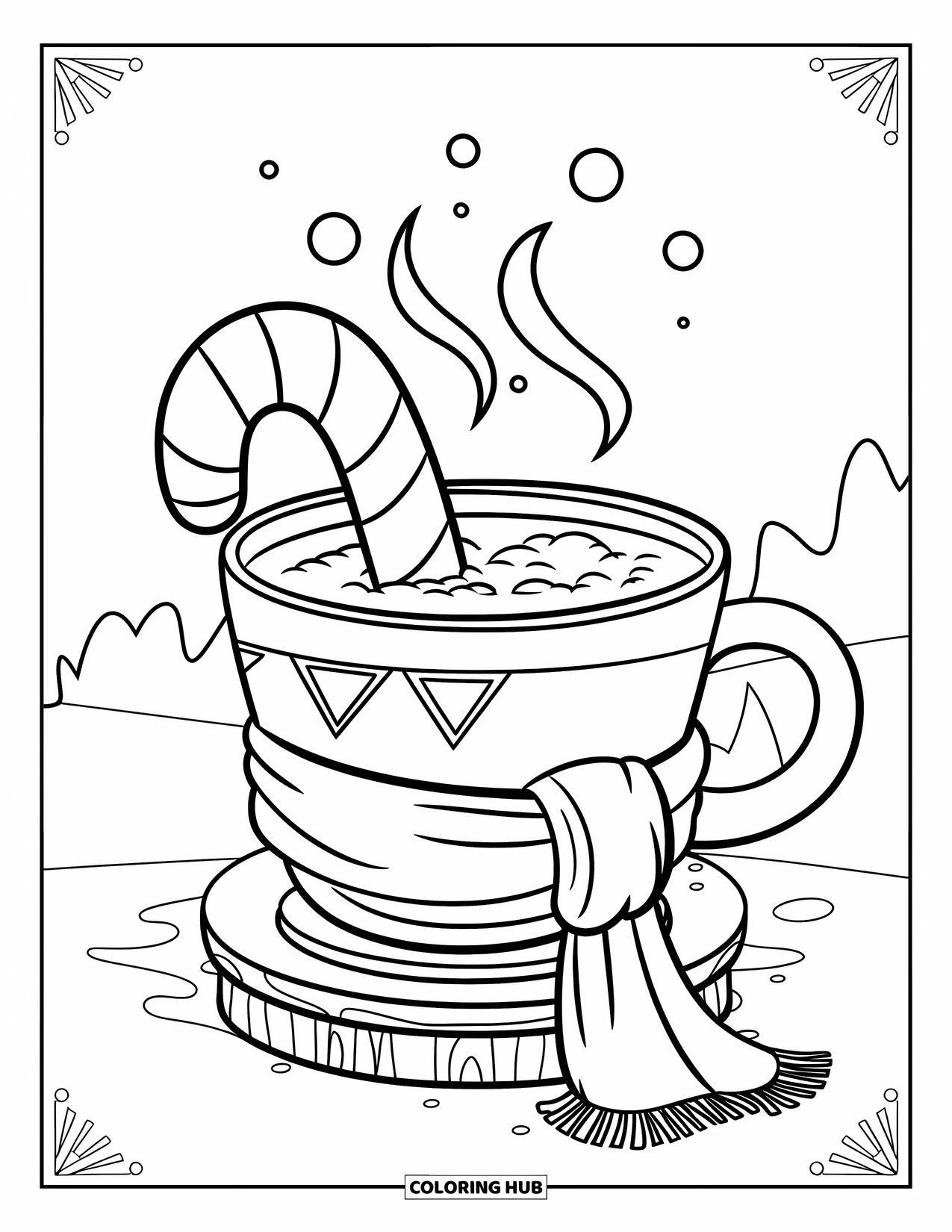 Hot Cocoa Coloring Page for Kids: A warm cocoa mug with a candy cane and scarf steams on a wooden stand