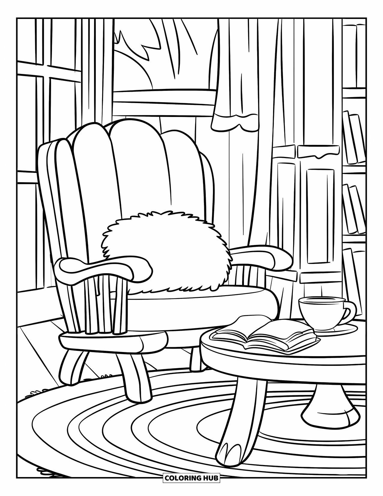 Hot Cocoa Coloring Page for Kids: A wooden chair and cocoa mug create a peaceful reading corner