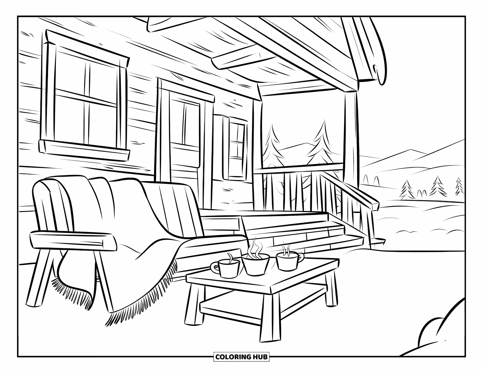 Hot Cocoa Coloring Page for Kids: Cocoa mugs and a blanket warm a snowy cabin porch scene