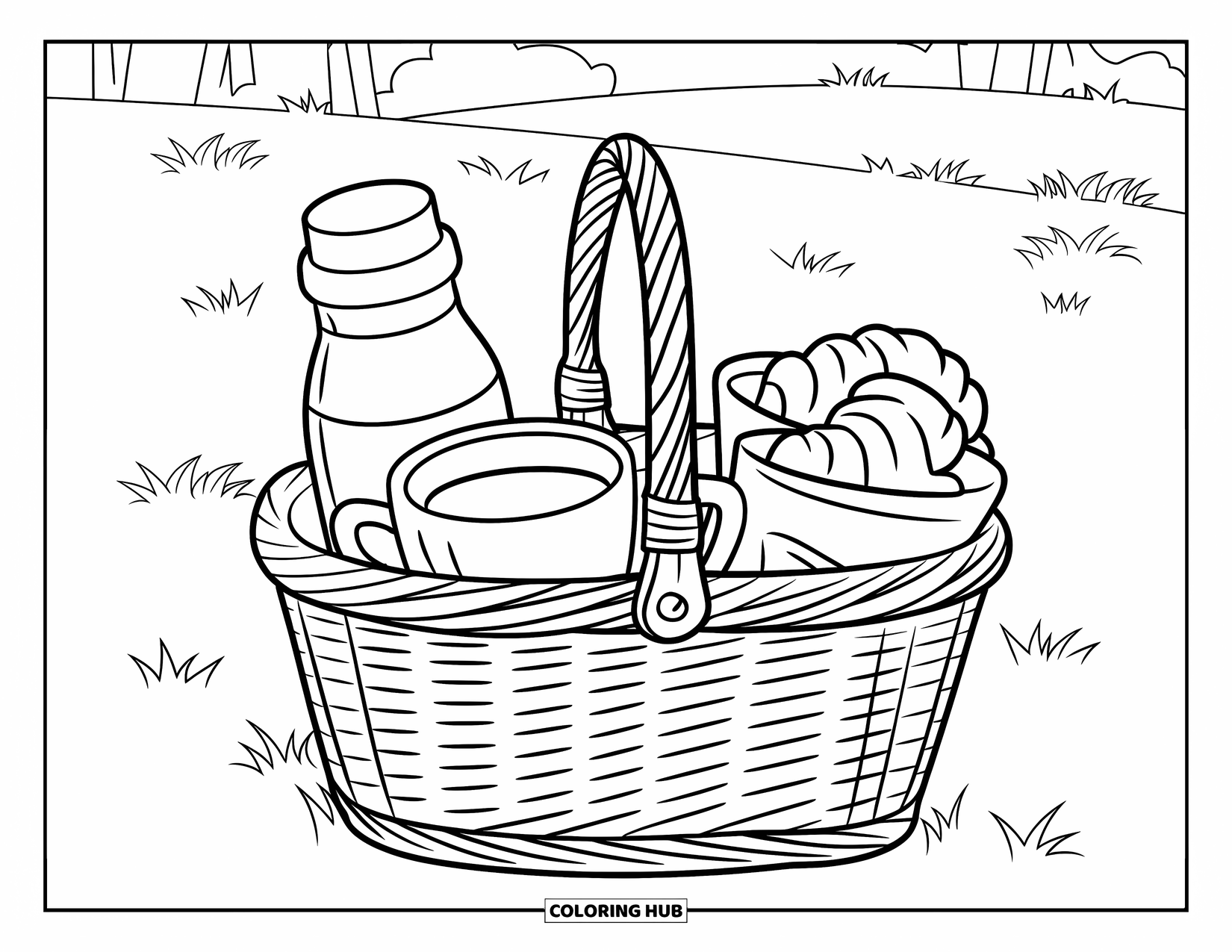 Hot Cocoa Coloring Page for Kids: Cocoa mugs and a pastry fill a picnic basket in a peaceful park