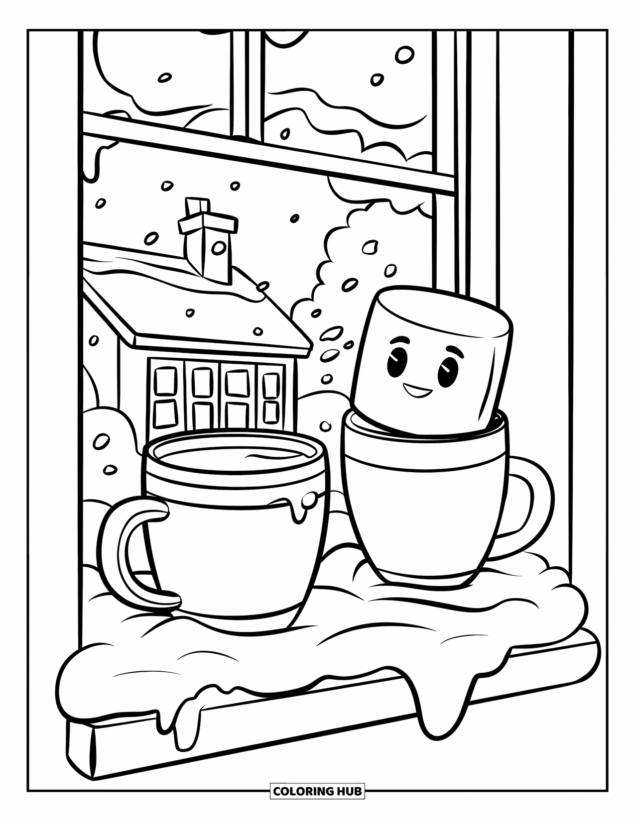 Hot Cocoa Coloring Page for Kids: Cocoa mugs rest on a snowy windowsill near a house with a chimney