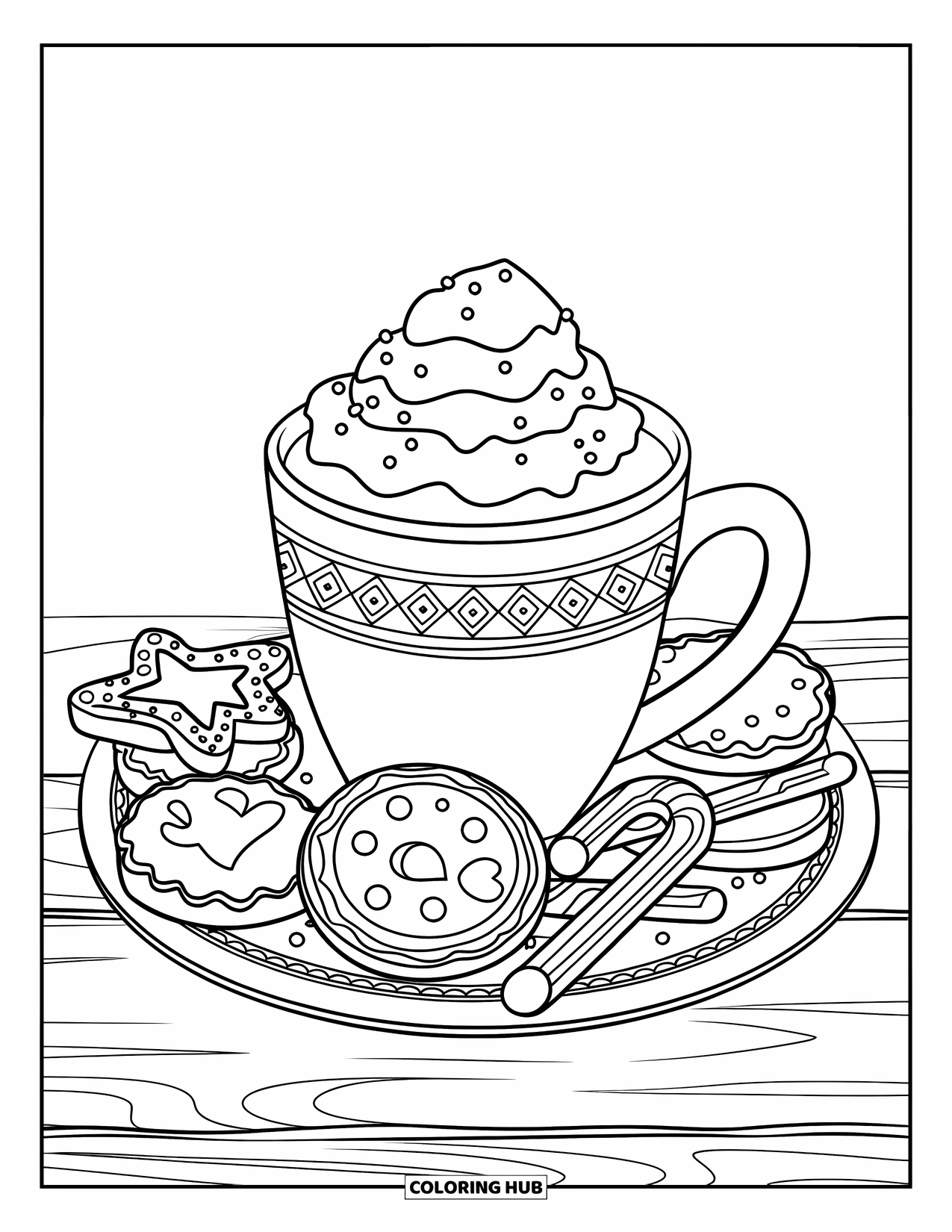 Hot Cocoa Coloring Page for Kids: Cocoa with cookies and candy canes rests on a patterned plate and table