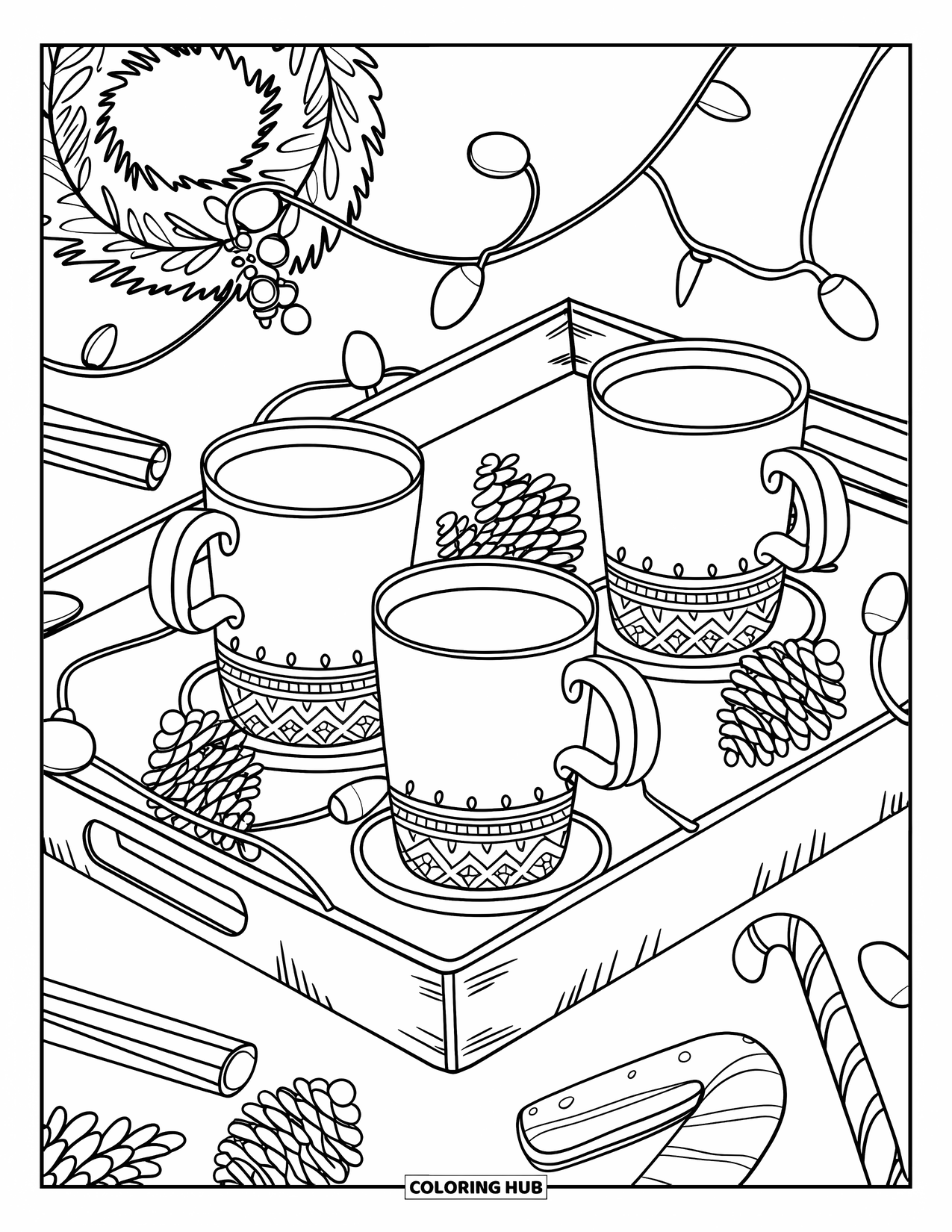 Hot Cocoa Coloring Page for Kids: Holiday cocoa mugs and cookies sit on a tray with festive lights and décor