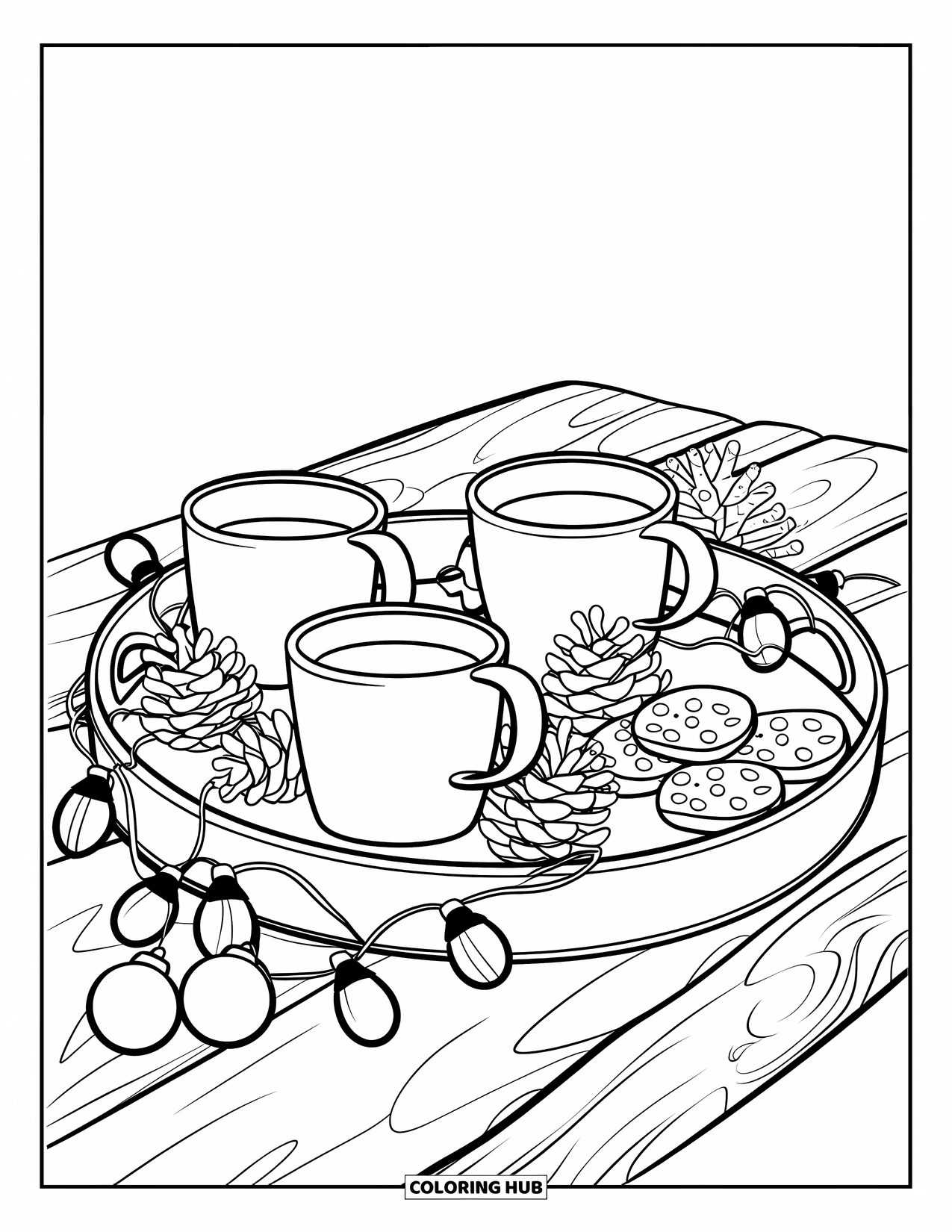 Hot Cocoa Coloring Page for Kids: Three cocoa mugs sit on a tray with cookies, pinecones, and twinkling lights