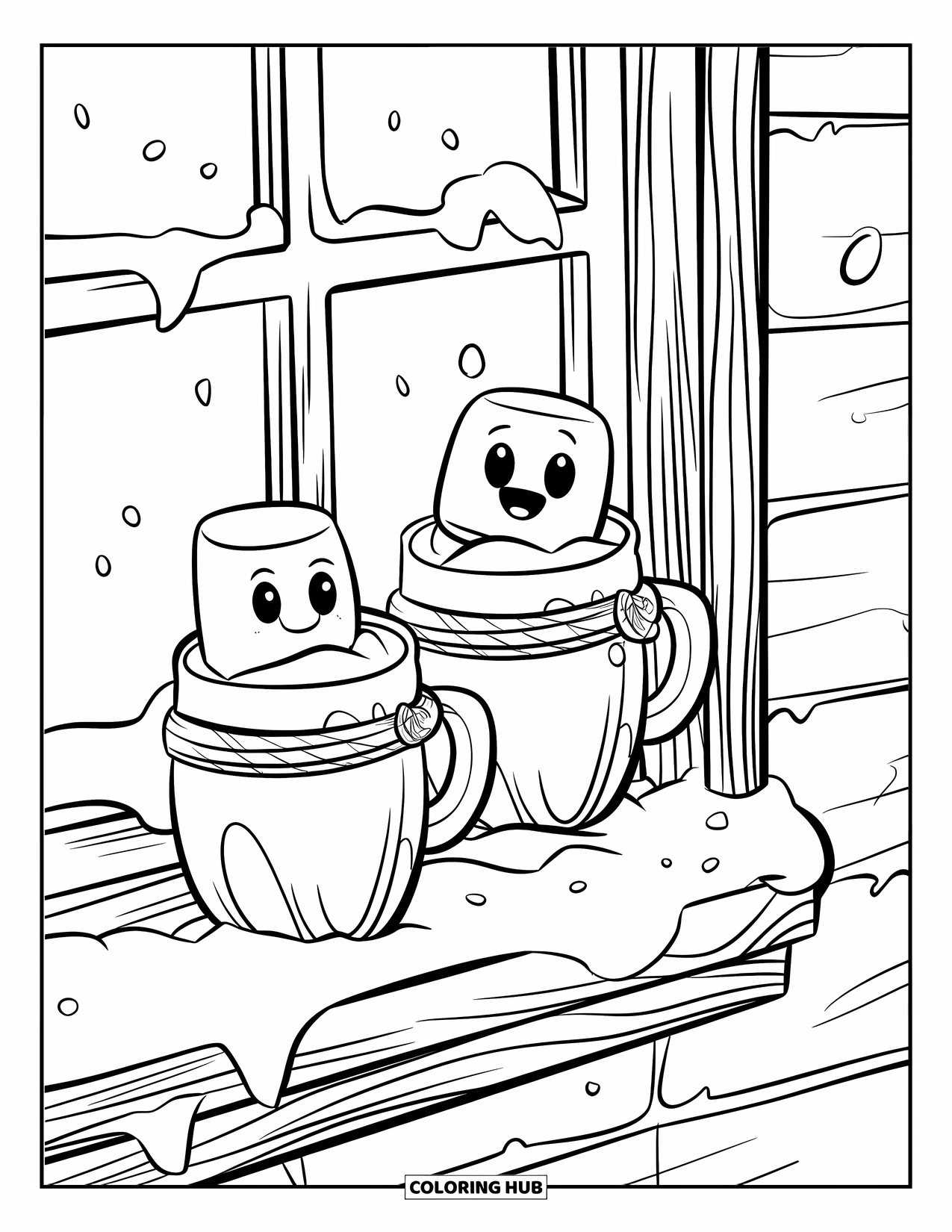 Hot Cocoa Coloring Page for Kids: Two cocoa mugs sit on a snowy windowsill with a smiling marshmallow