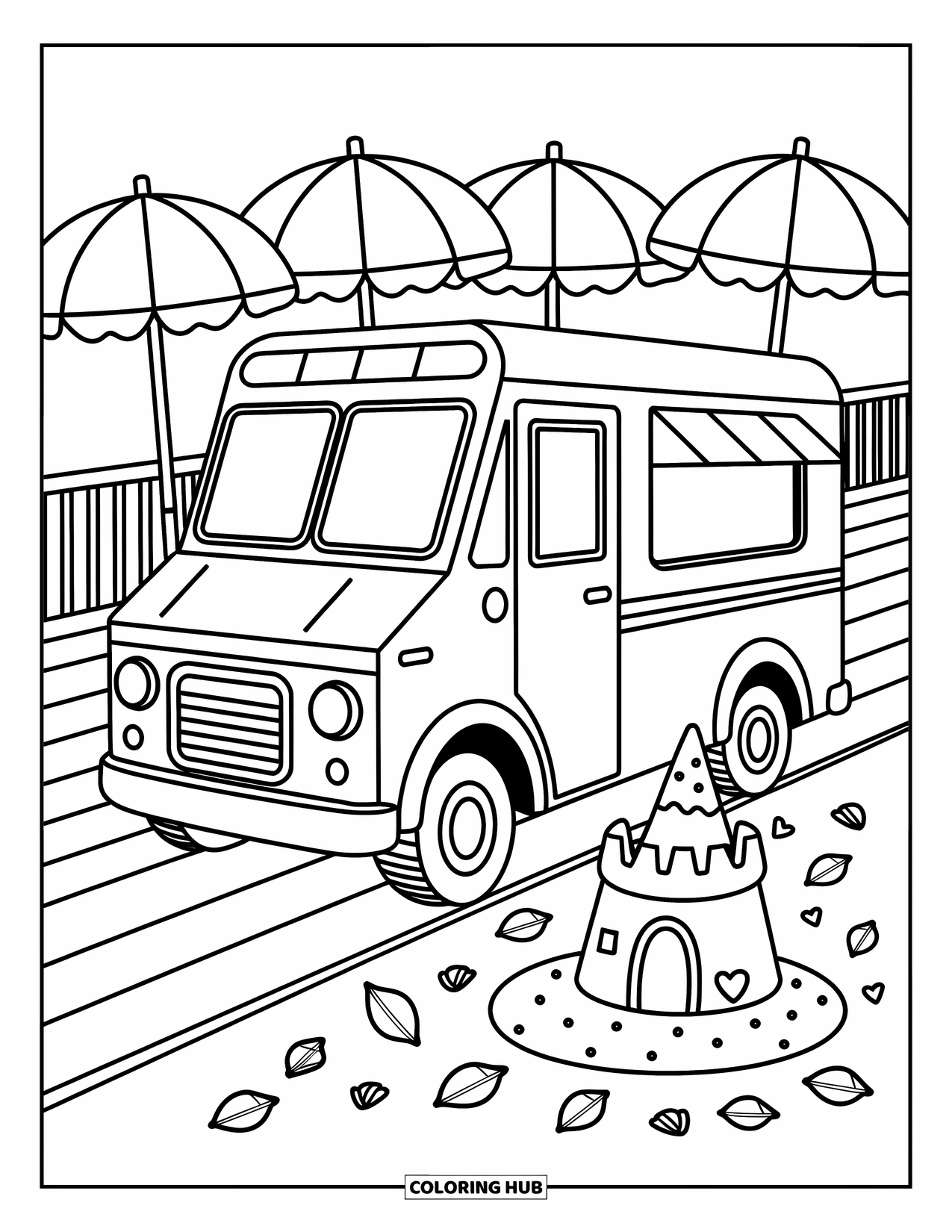 Ice Cream Truck Coloring Page for Adults: A boardwalk truck sits near umbrellas and a sandcastle with shells and wrappers nearby