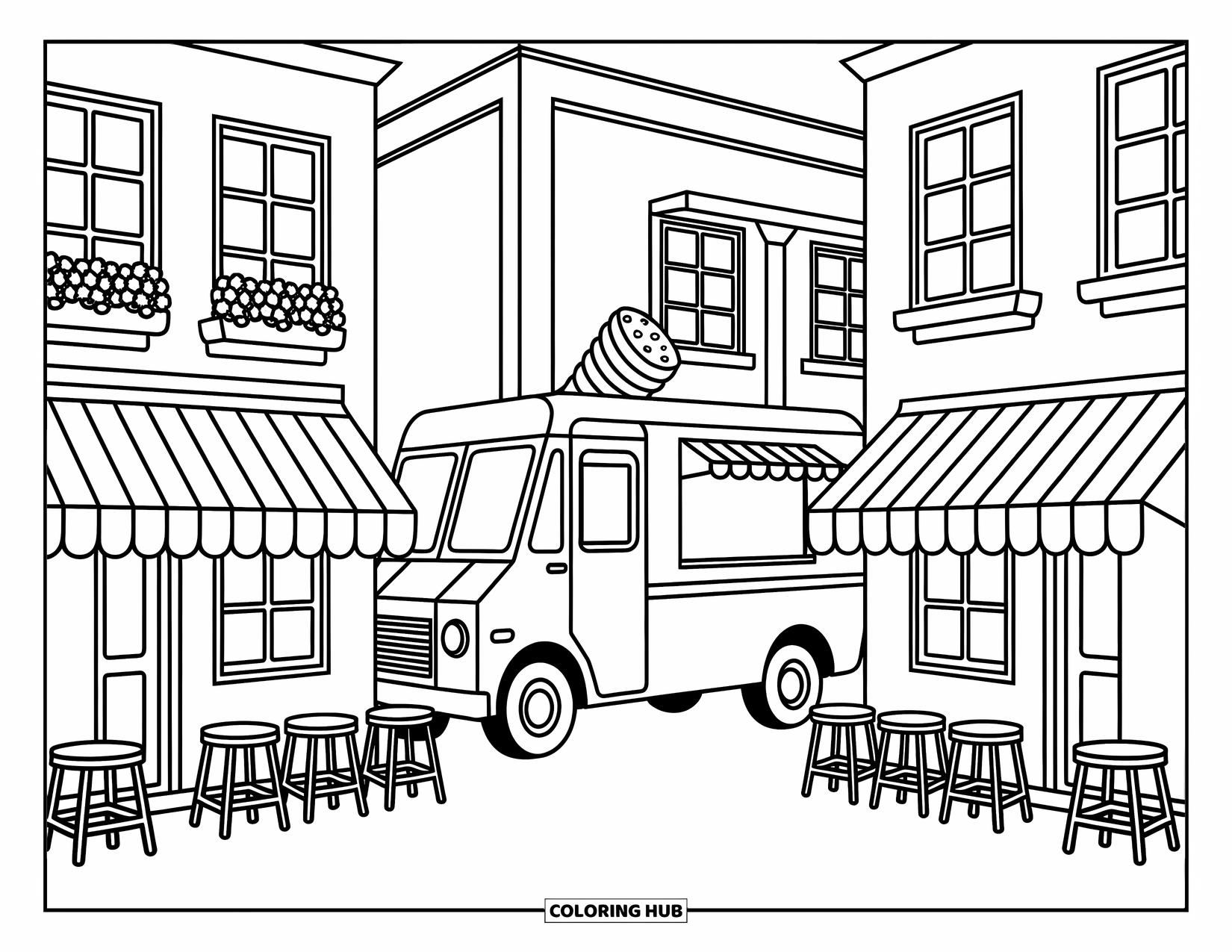 Ice Cream Truck Coloring Page for Adults: A cozy city scene with an ice cream truck between two charming little cafés