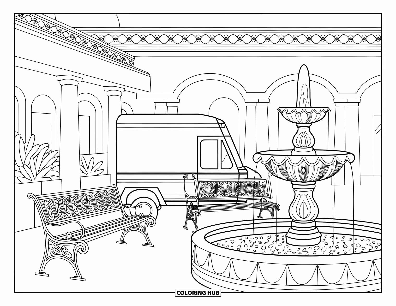 Ice Cream Truck Coloring Page for Adults: A cozy patio scene with benches, a fountain, and a hidden ice cream truck