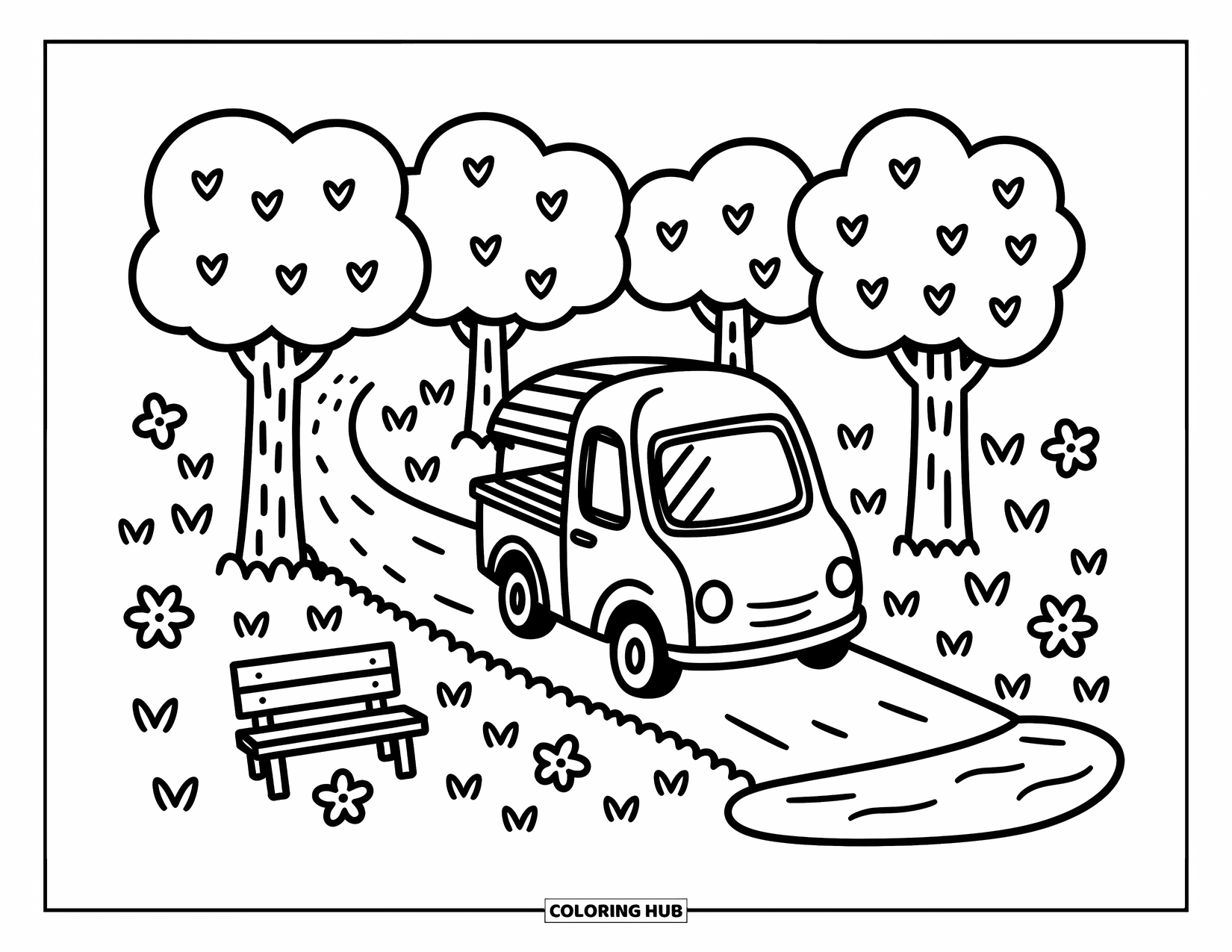 Ice Cream Truck Coloring Page for Adults: A cute truck is parked by a dirt path with flowers, trees, and a wooden bench