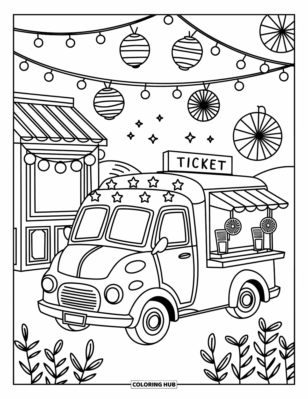 Ice Cream Truck Coloring Page for Adults: A cute truck twinkles with lights at a summer night fest with lanterns and fans