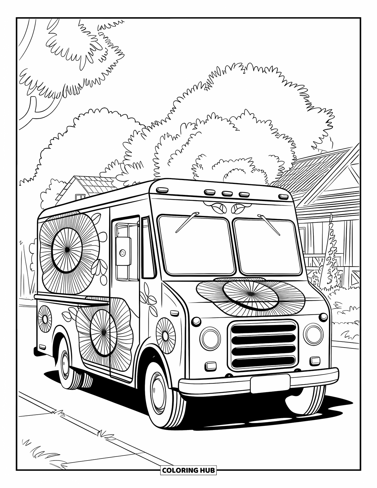 Ice Cream Truck Coloring Page for Adults: A decorated floral truck is parked on a peaceful street lined with trees and houses
