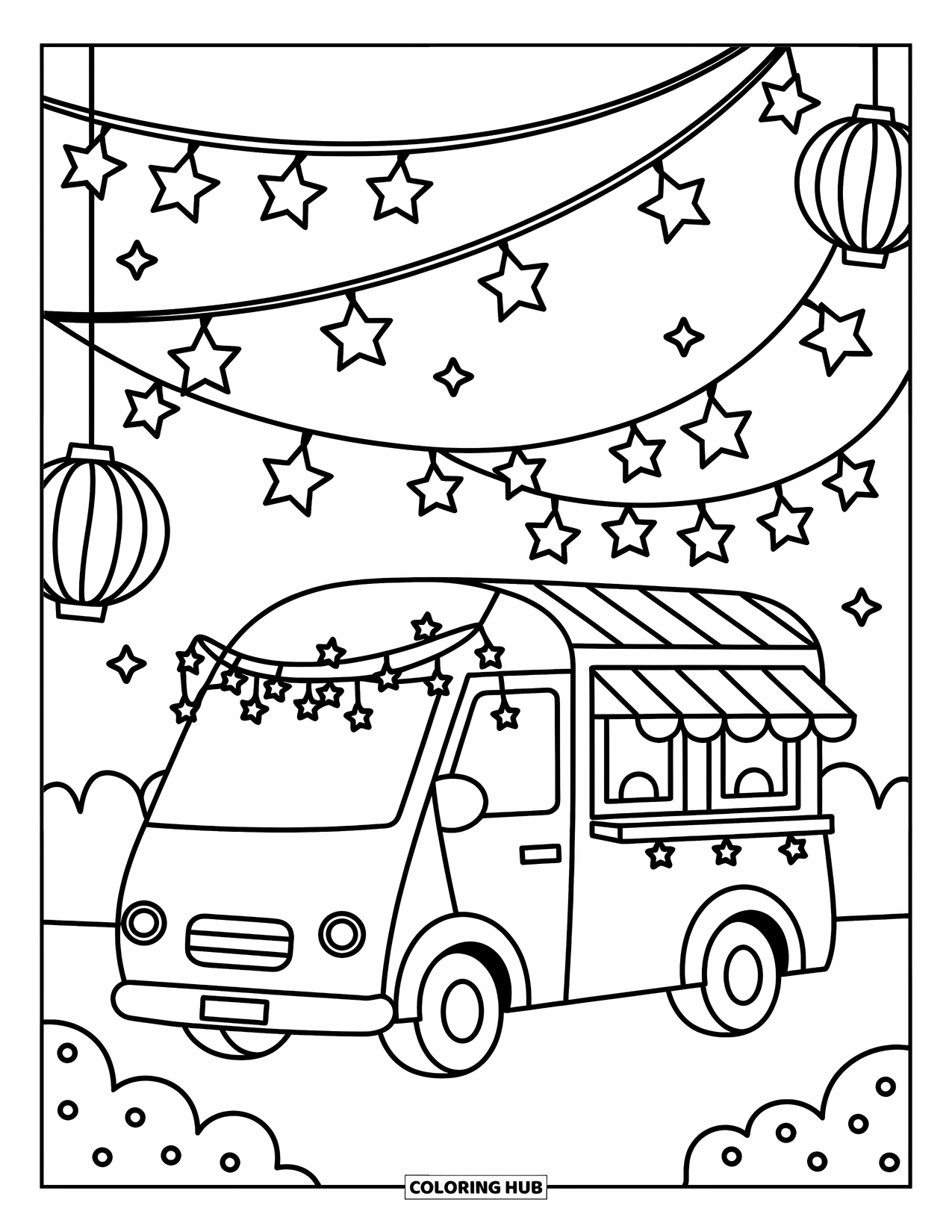 Ice Cream Truck Coloring Page for Adults: A festival truck sparkles with fairy lights, lanterns, and hanging paper fans at night