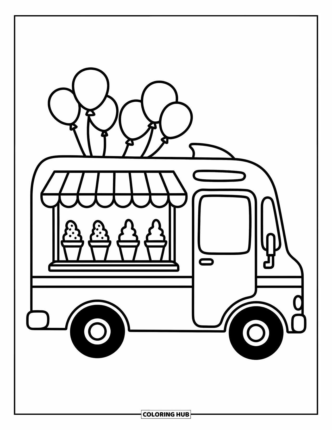 Ice Cream Truck Coloring Page for Adults: A happy truck shows off cones, balloons, and a fold-out counter for serving treats