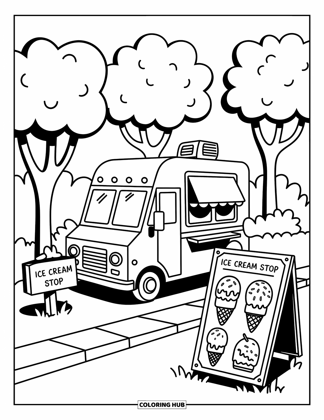 Ice Cream Truck Coloring Page for Adults: A park path leads to a cute truck with a sign and a menu full of treats