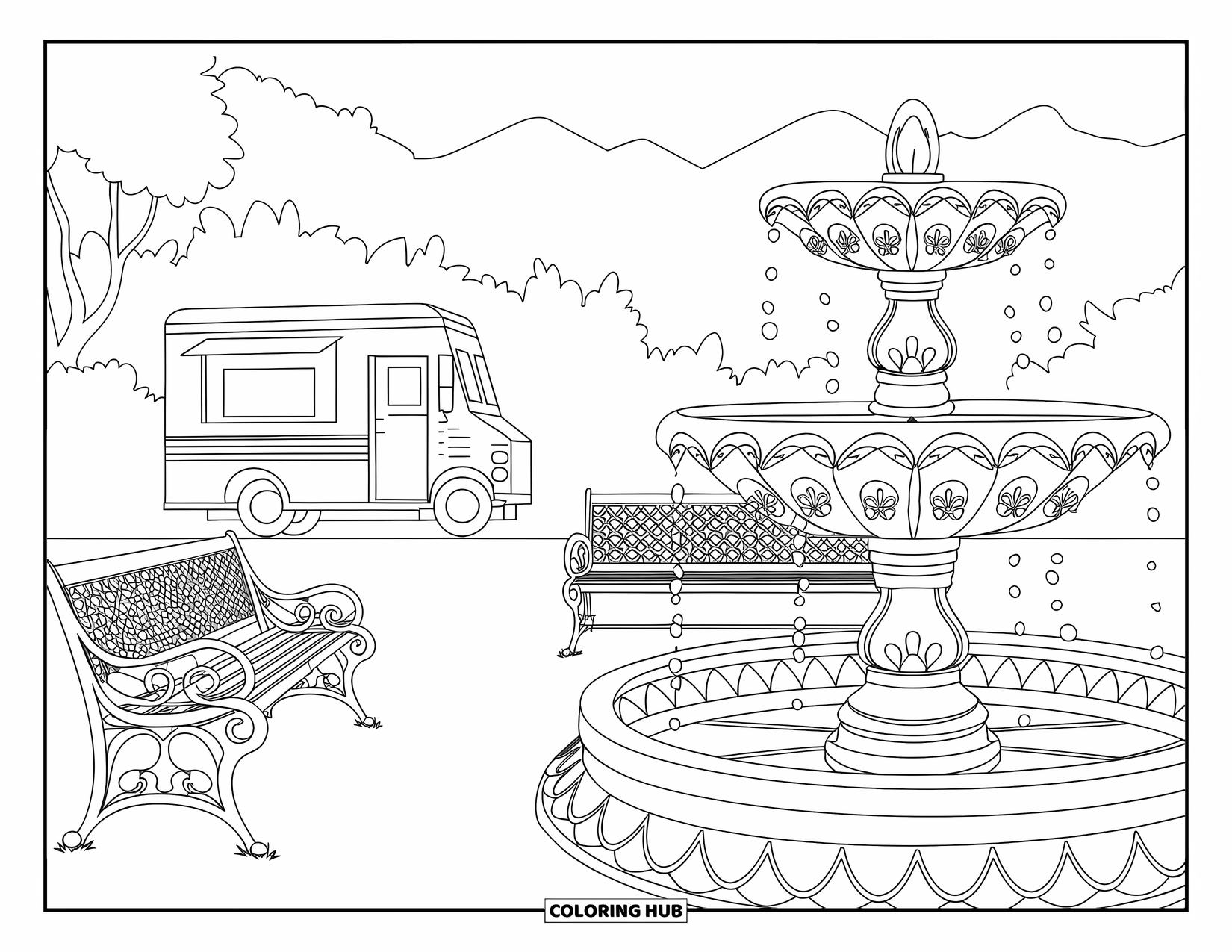 Ice Cream Truck Coloring Page for Adults: A peaceful patio with a patterned fountain, iron benches, and a bold ice cream truck