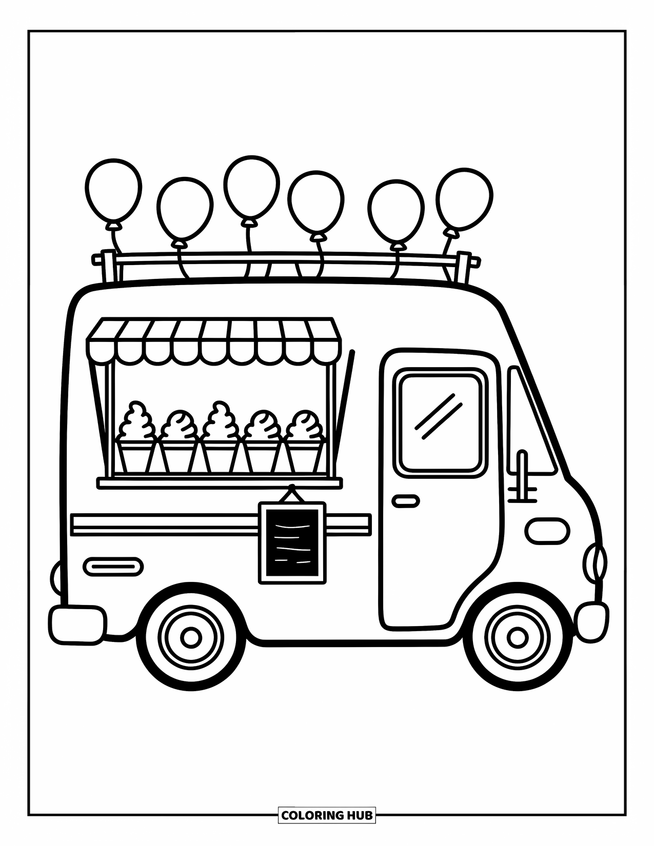 Ice Cream Truck Coloring Page for Adults: A playful side-view of a truck with cones, balloons, and a sweet little menu board