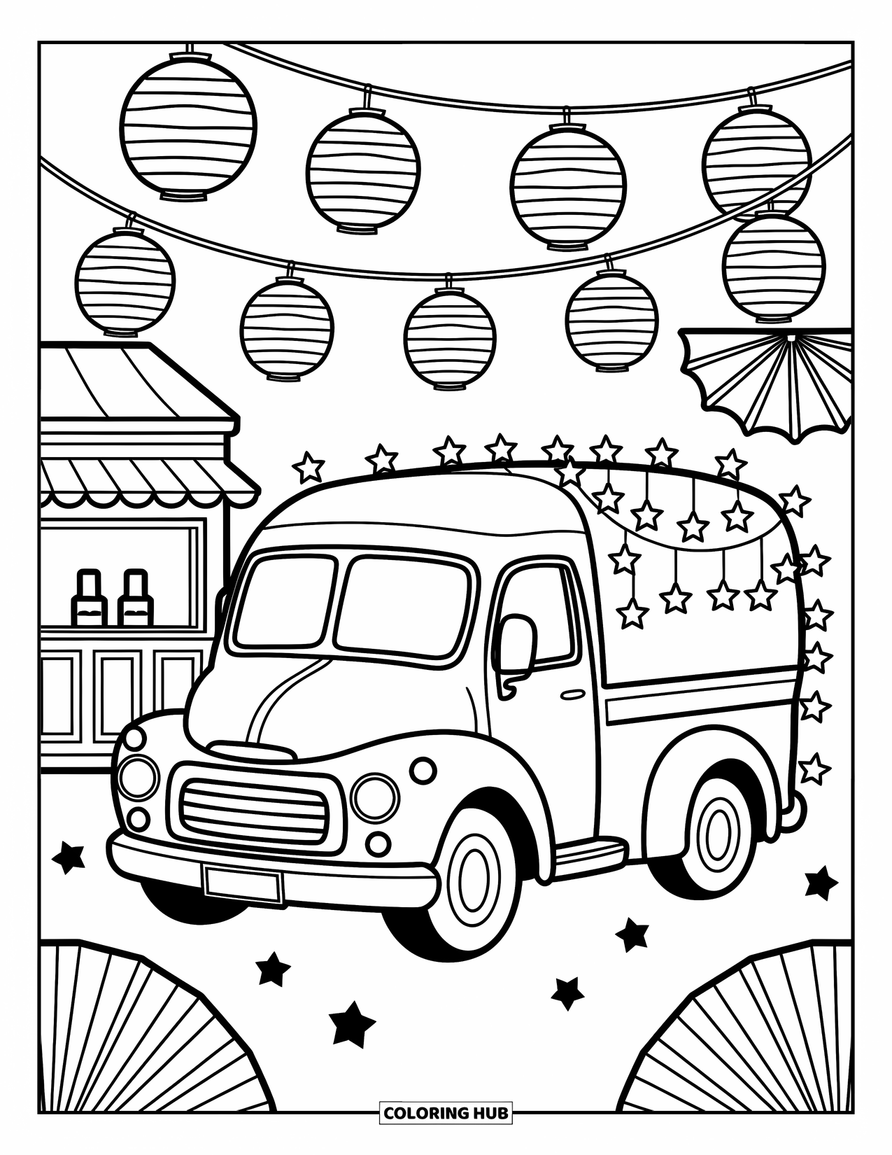 Ice Cream Truck Coloring Page for Adults: A truck glows with star lights and lanterns at a cozy nighttime summer festival