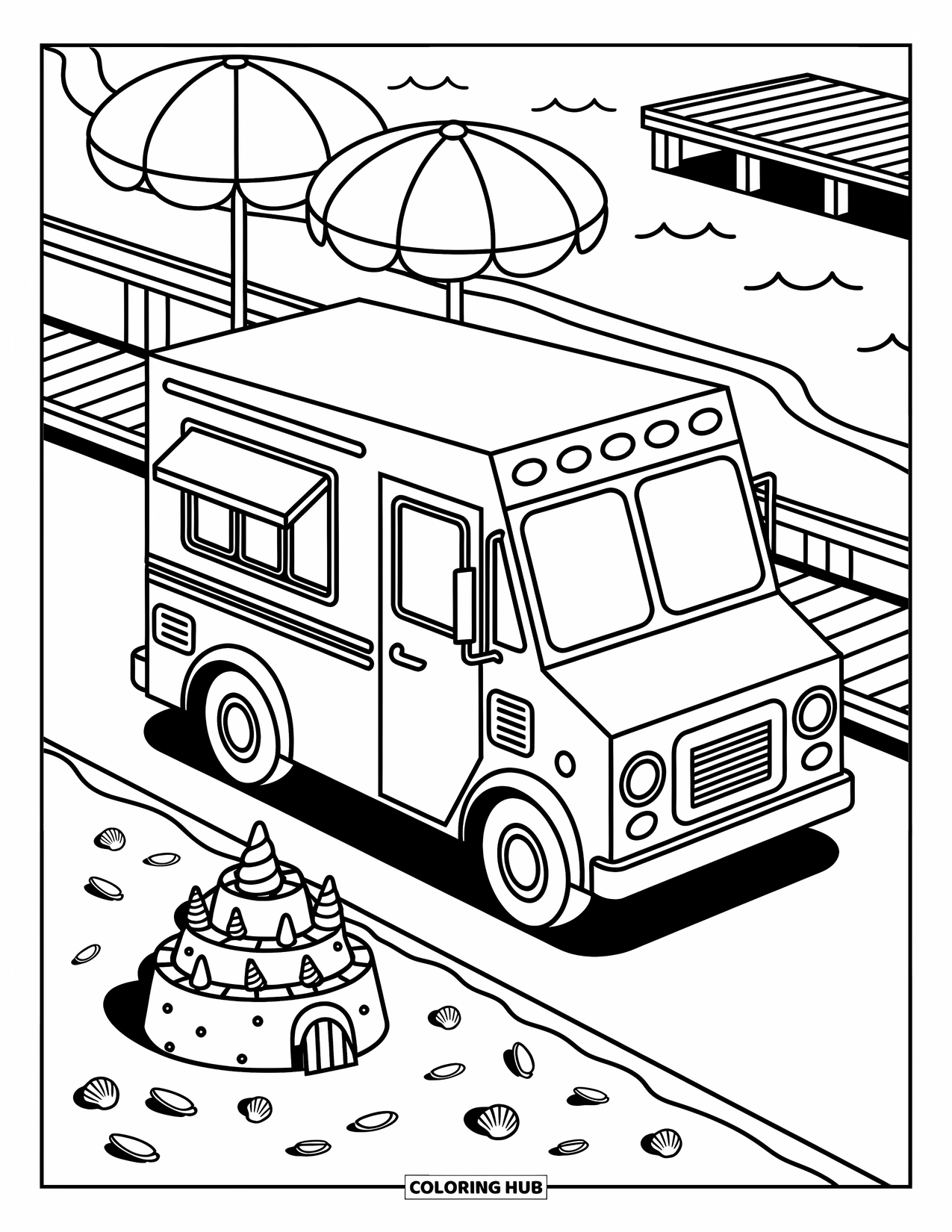 Ice Cream Truck Coloring Page for Adults: A truck parks beside a sandcastle and beach umbrellas near a wooden pier