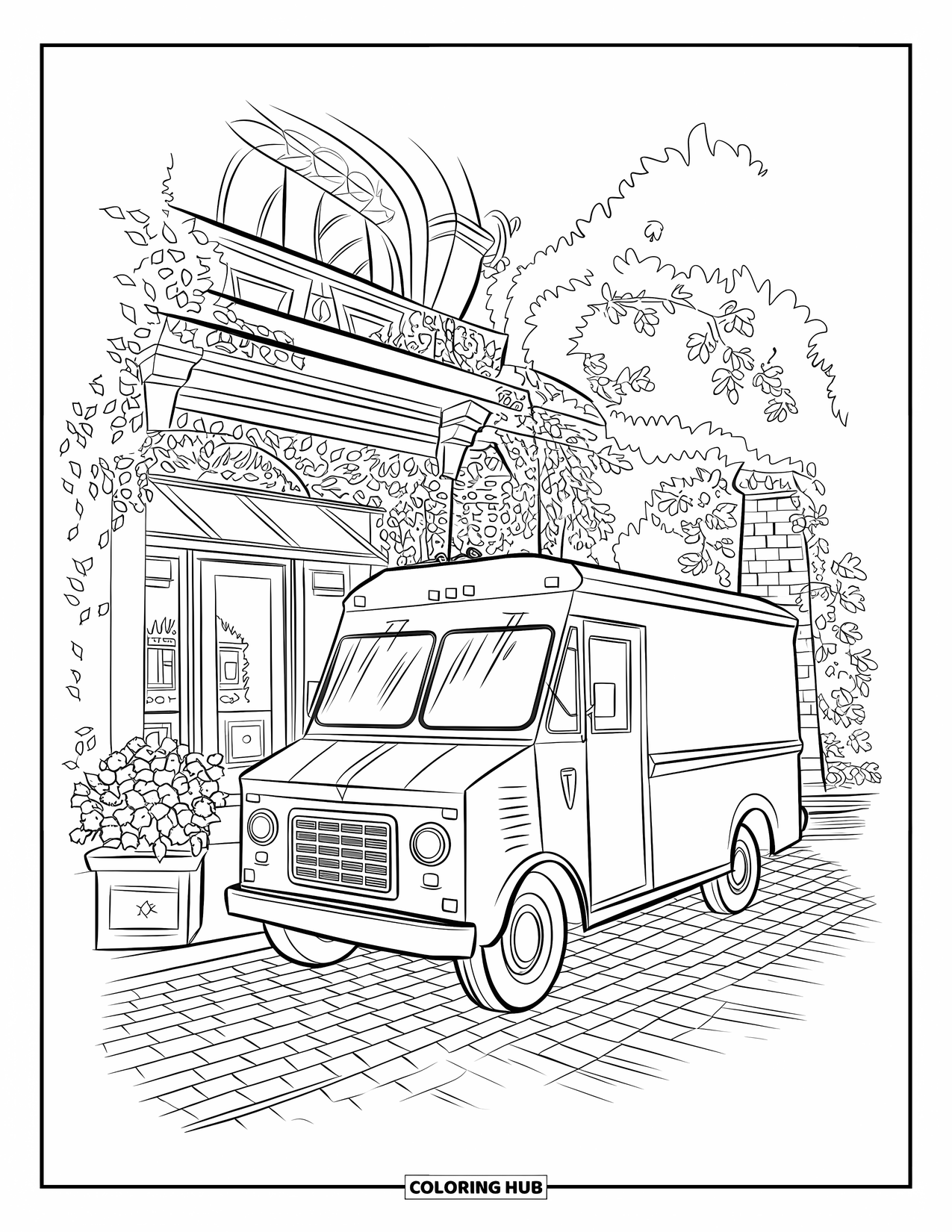 Ice Cream Truck Coloring Page for Adults: A vintage truck sits outside a café with ivy walls and bold artistic details