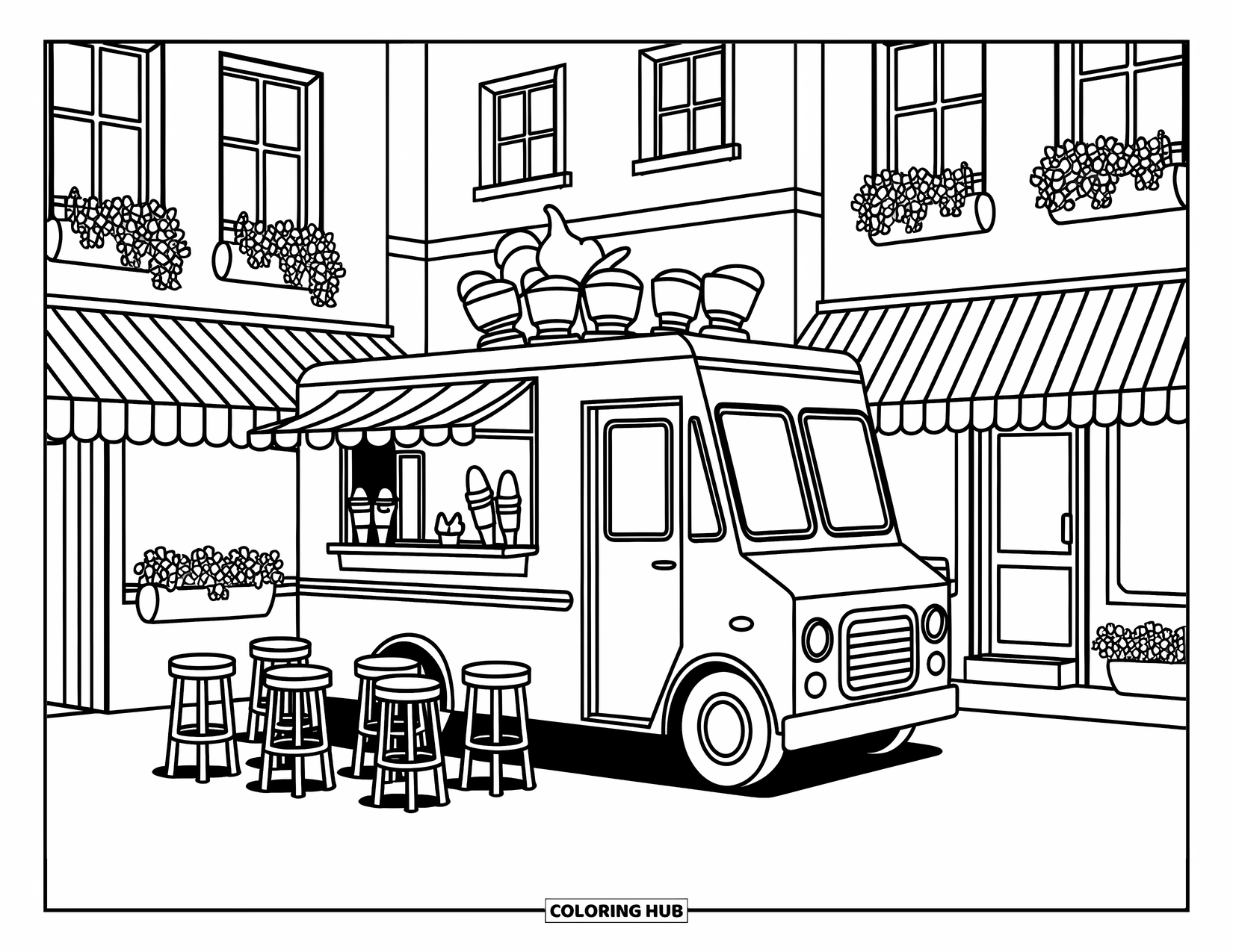 Ice Cream Truck Coloring Page for Adults: An ice cream truck cozily sits between cafés with flowerpots and a striped awning