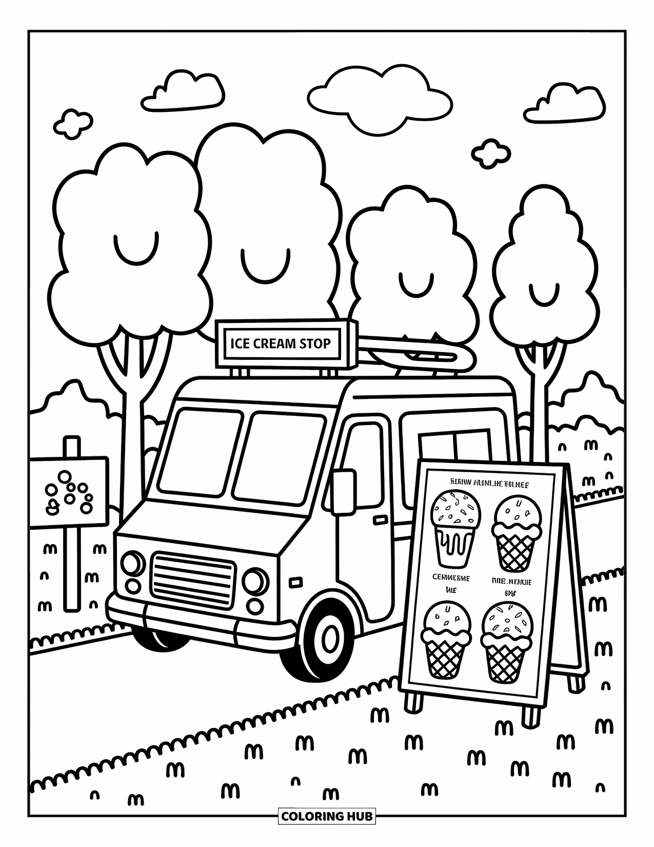 Ice Cream Truck Coloring Page for Adults: An ice cream truck near a park path with fluffy trees and a sign for sweet stops