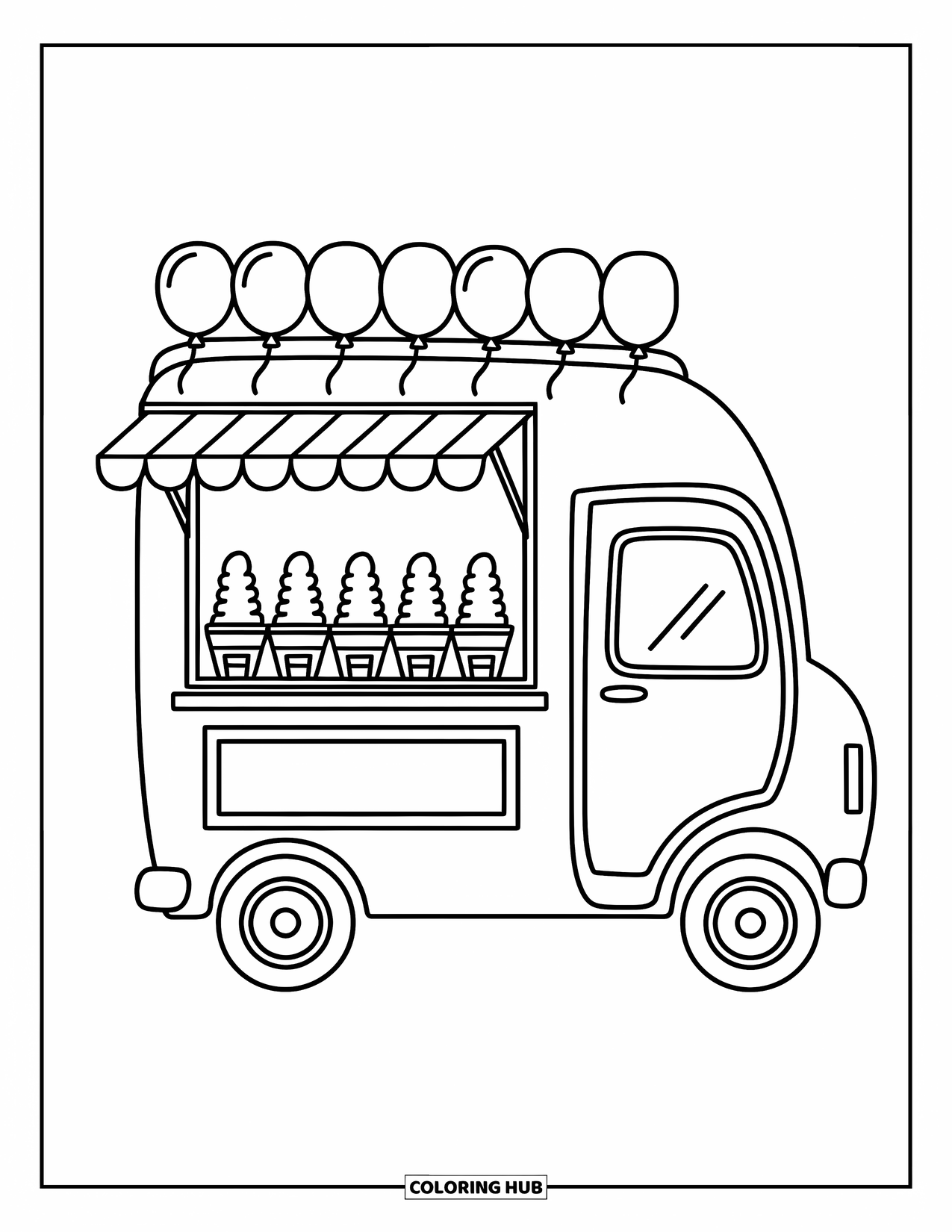 Ice Cream Truck Coloring Page for Adults: An ice cream truck opens its window to scoops, cones, balloons, and a tiny chalkboard