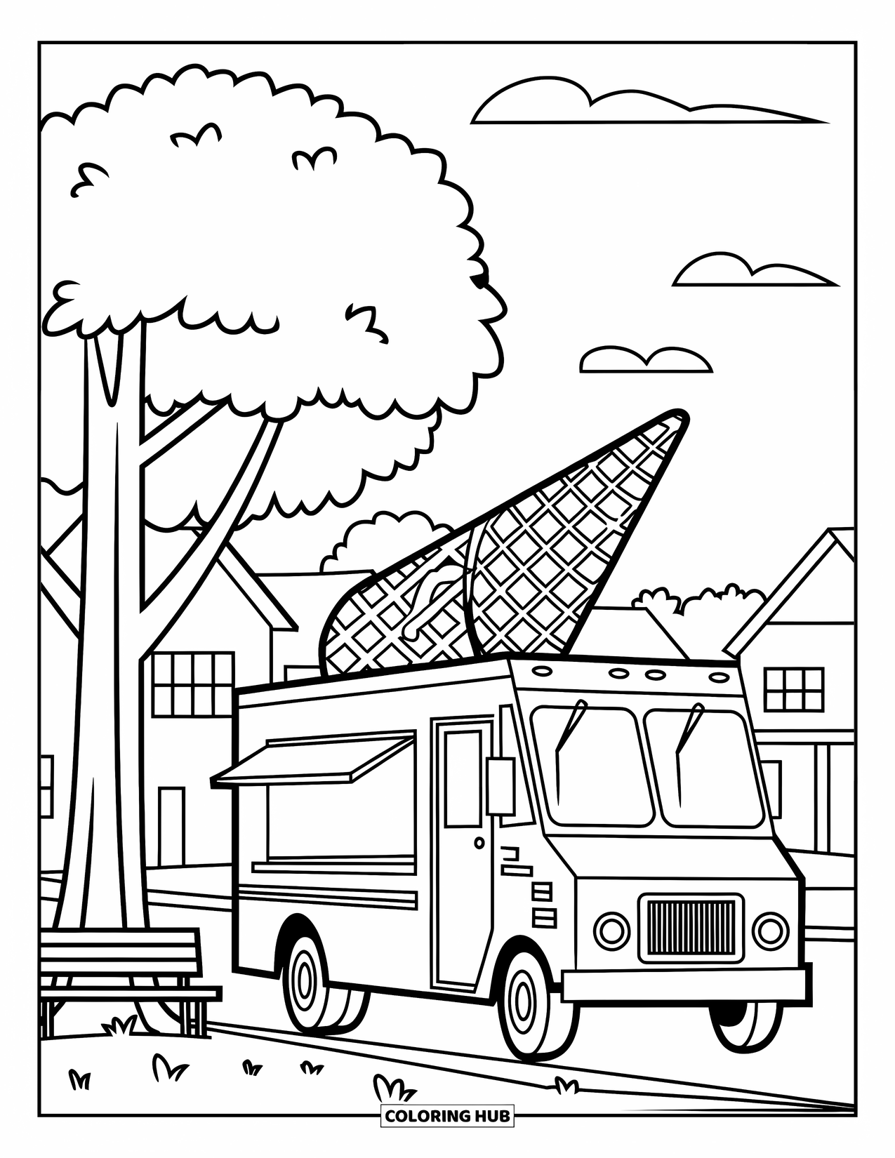 Ice Cream Truck Coloring Page for Kids: A big truck with a waffle cone on top is parked near a tree and bench