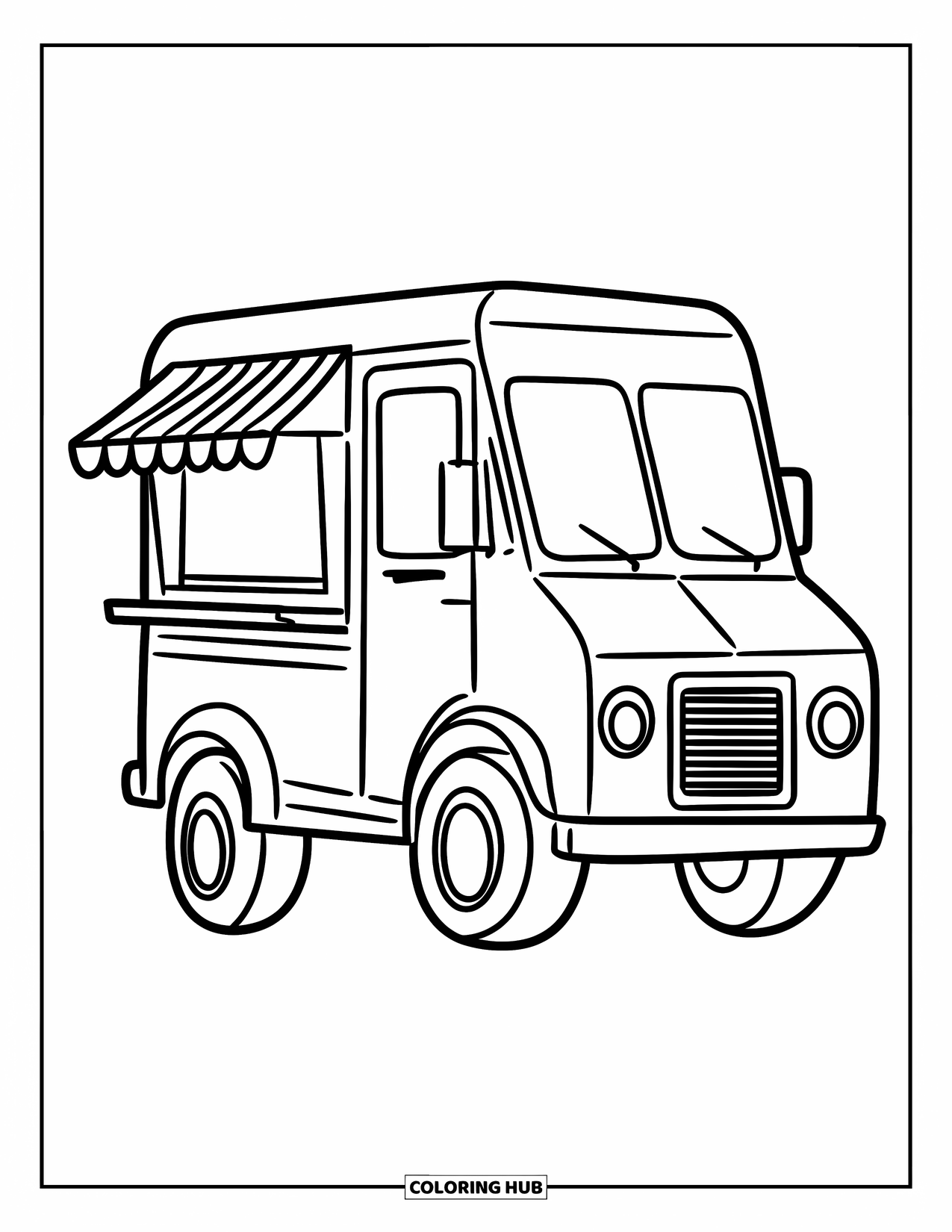 Ice Cream Truck Coloring Page for Kids: A cheerful ice cream truck with big wheels and bold outlines for easy coloring