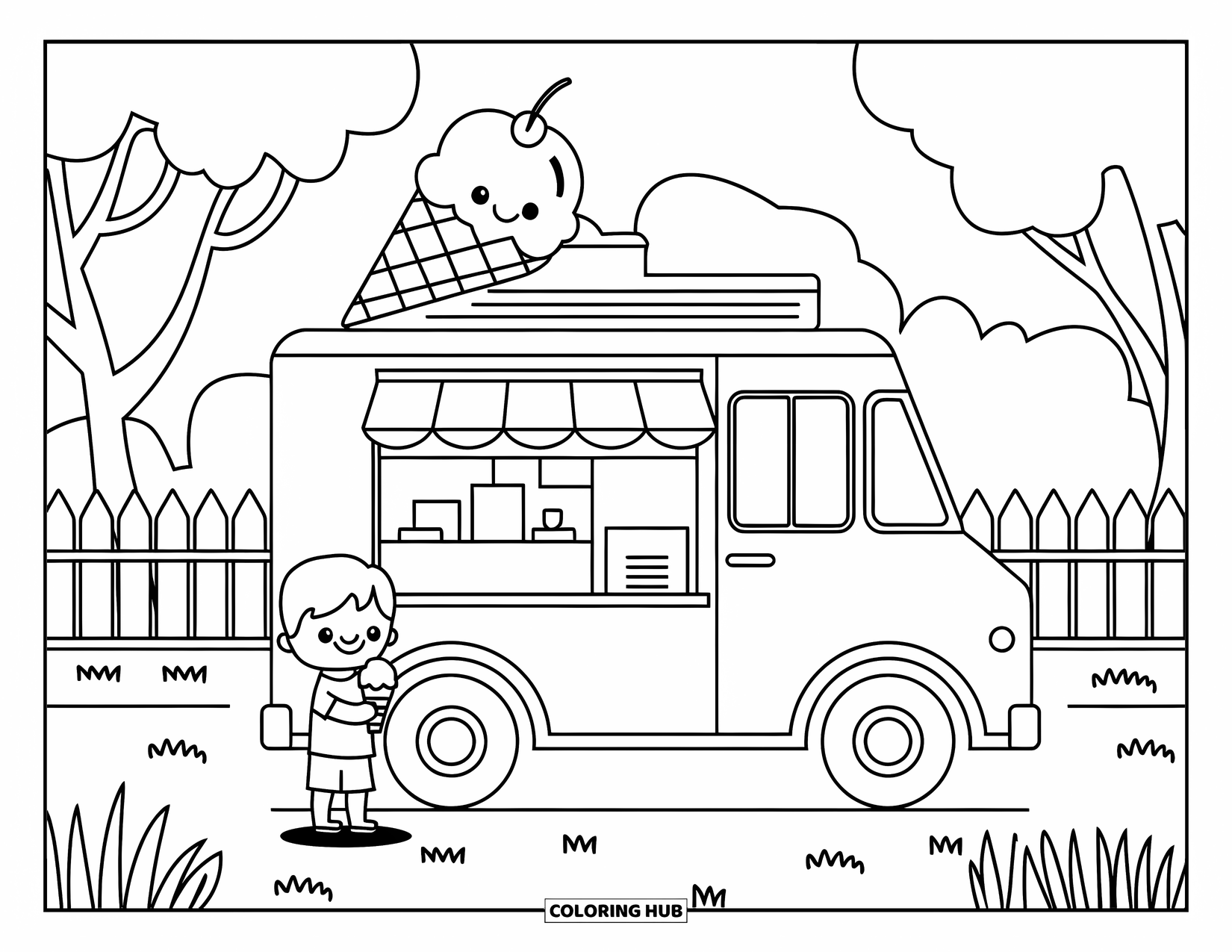 Ice Cream Truck Coloring Page for Kids: A cheerful park scene with a smiling truck and a cone-holding child