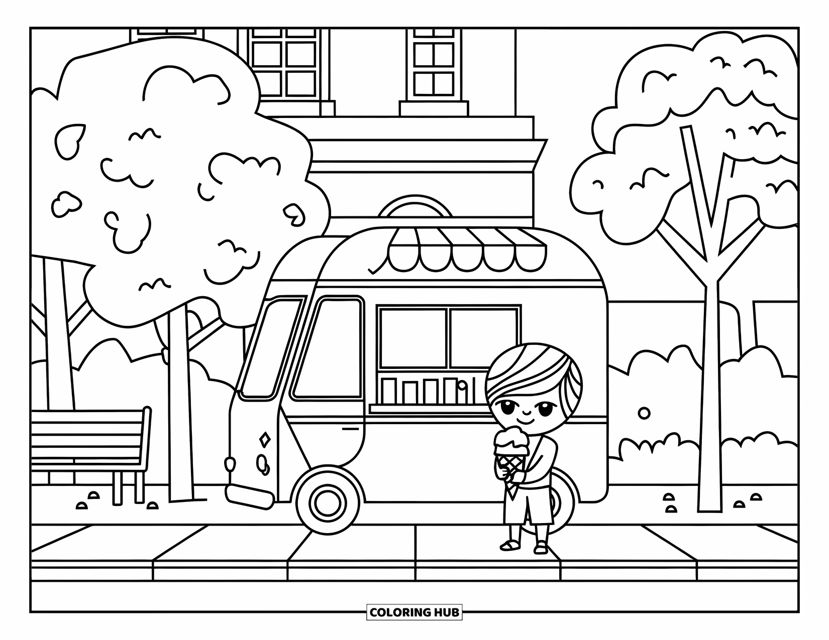 Ice Cream Truck Coloring Page for Kids: A child enjoys a cone beside an ice cream truck in a peaceful little park
