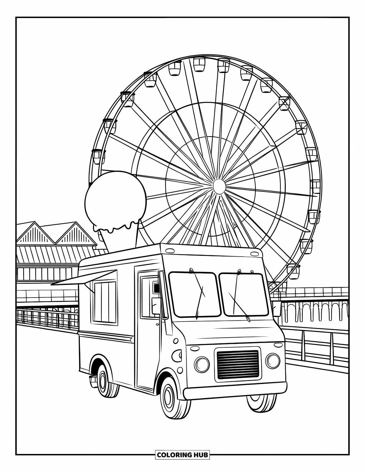 Ice Cream Truck Coloring Page for Kids: A cozy pier scene with an ice cream truck and a ferris wheel in the distance