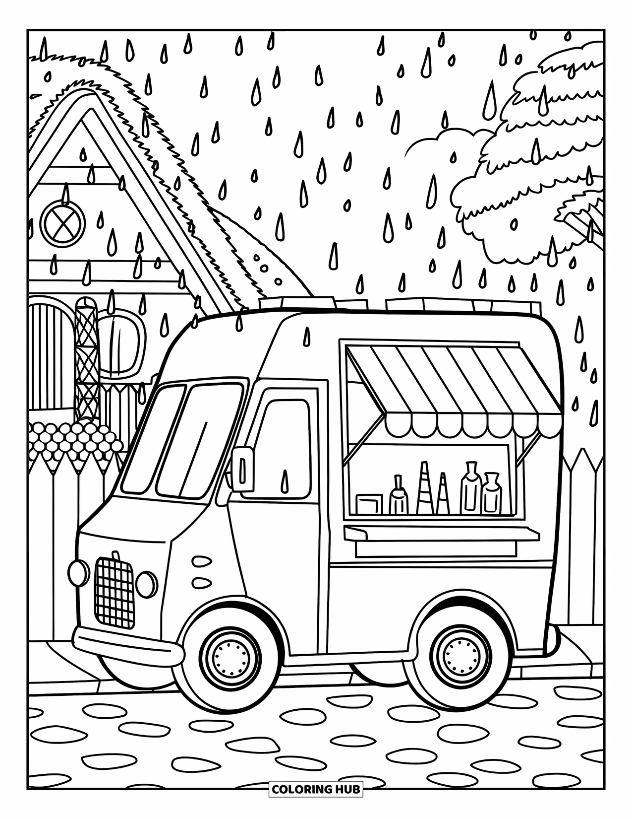Ice Cream Truck Coloring Page for Kids: A cozy street scene with a striped ice cream truck and raindrops near a small home