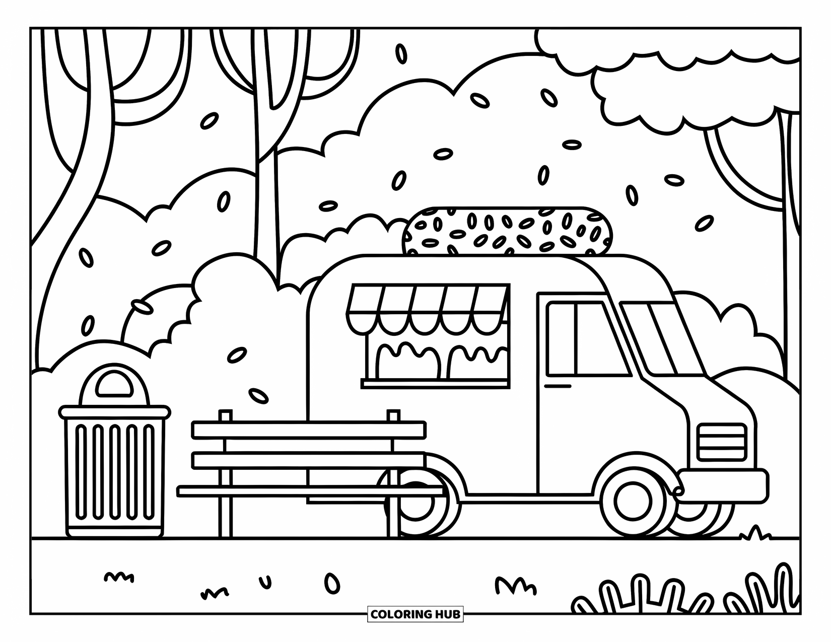 Ice Cream Truck Coloring Page for Kids: A fun park scene with a sprinkle-topped ice cream truck, bench, and trash bin