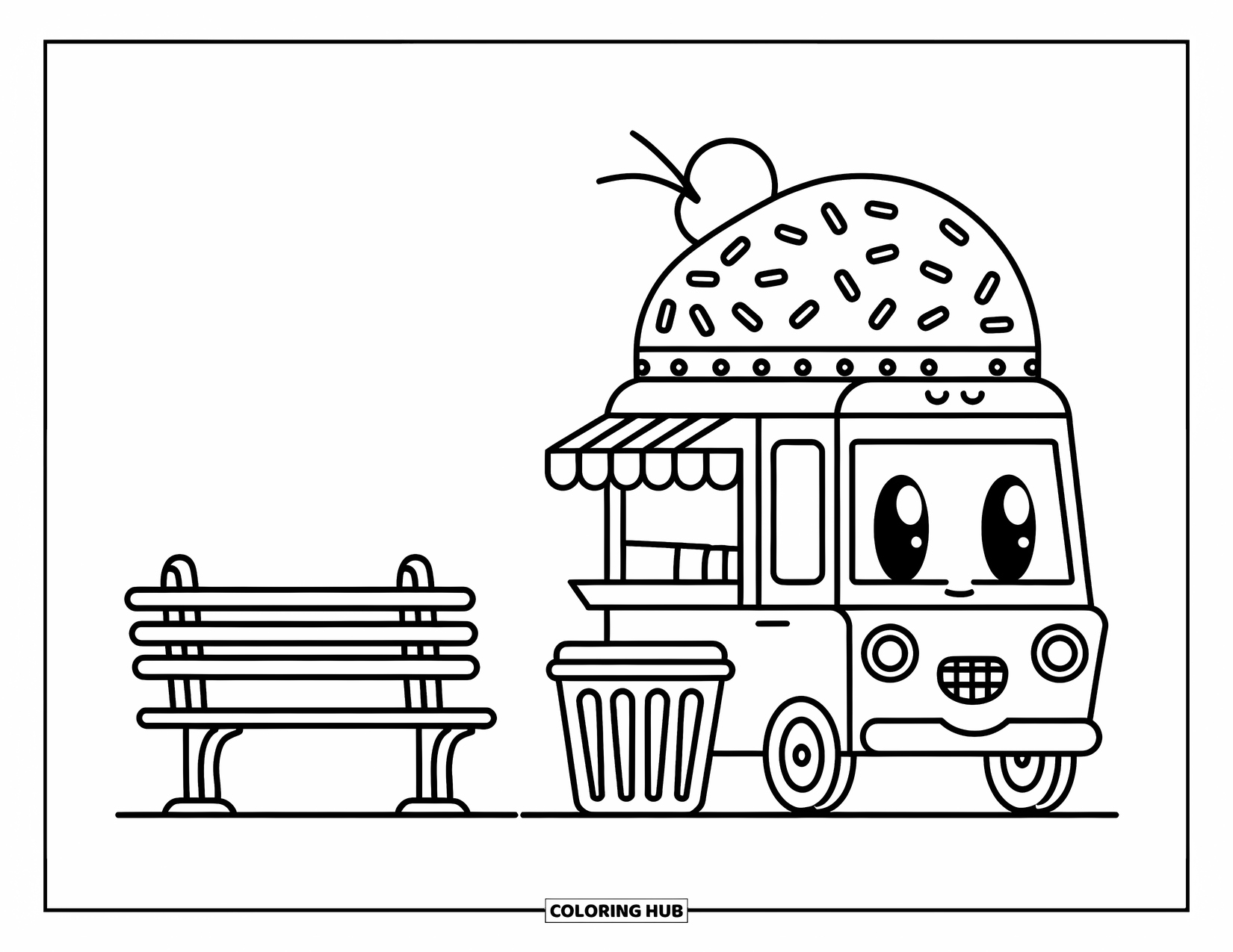 Ice Cream Truck Coloring Page for Kids: A happy ice cream truck with a smiling face near a bench and trash bin