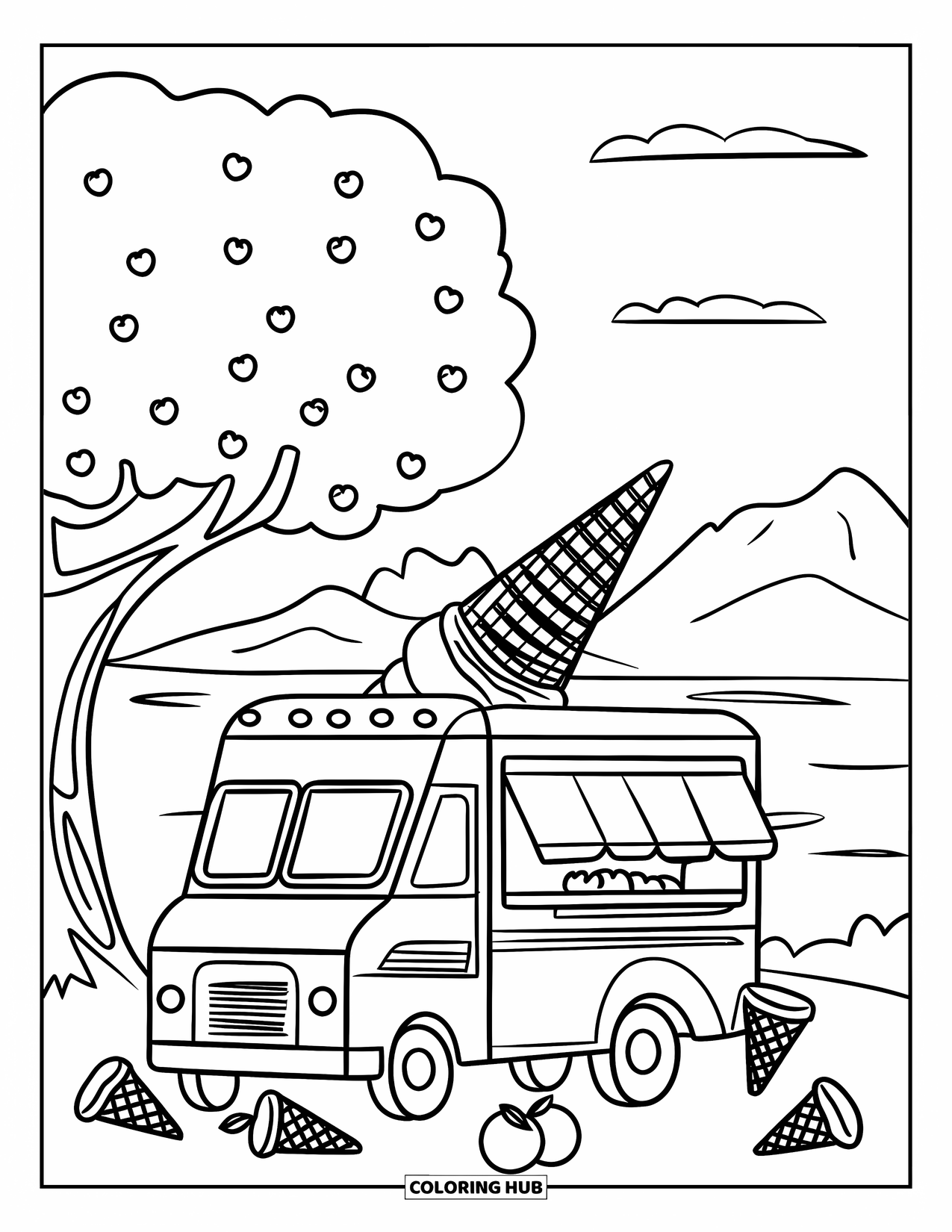 Ice Cream Truck Coloring Page for Kids: A large cone-topped truck rests near a tree with fruits and ice creams on the ground